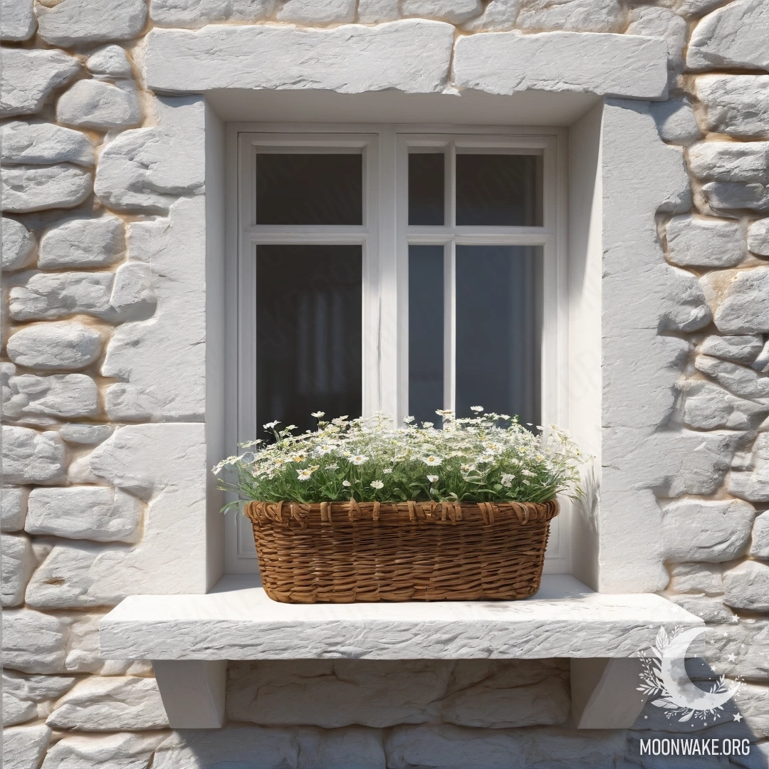A photorealistic image of a romantic white stone wall with an open window, and a basket of daisies on the windowsill.