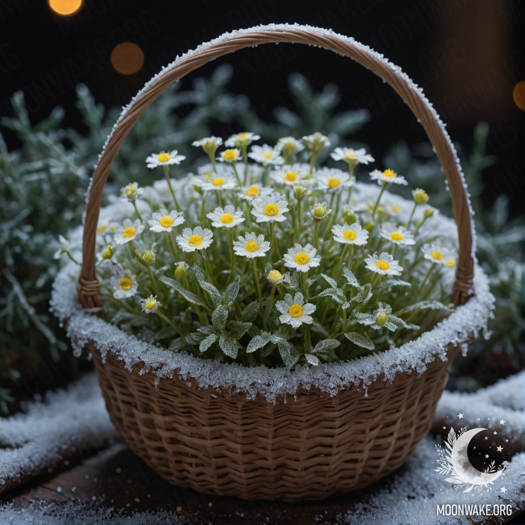Romantic Wildflowers in a Lime Basket at Night A basket filled with wildflowers covered in frost, illuminated by night.