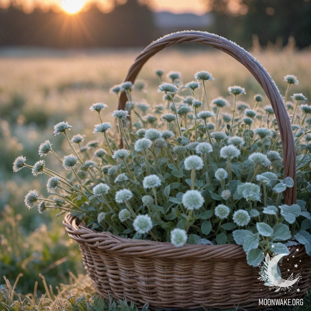 A basket filled with wildflowers covered in frost against a sunset.