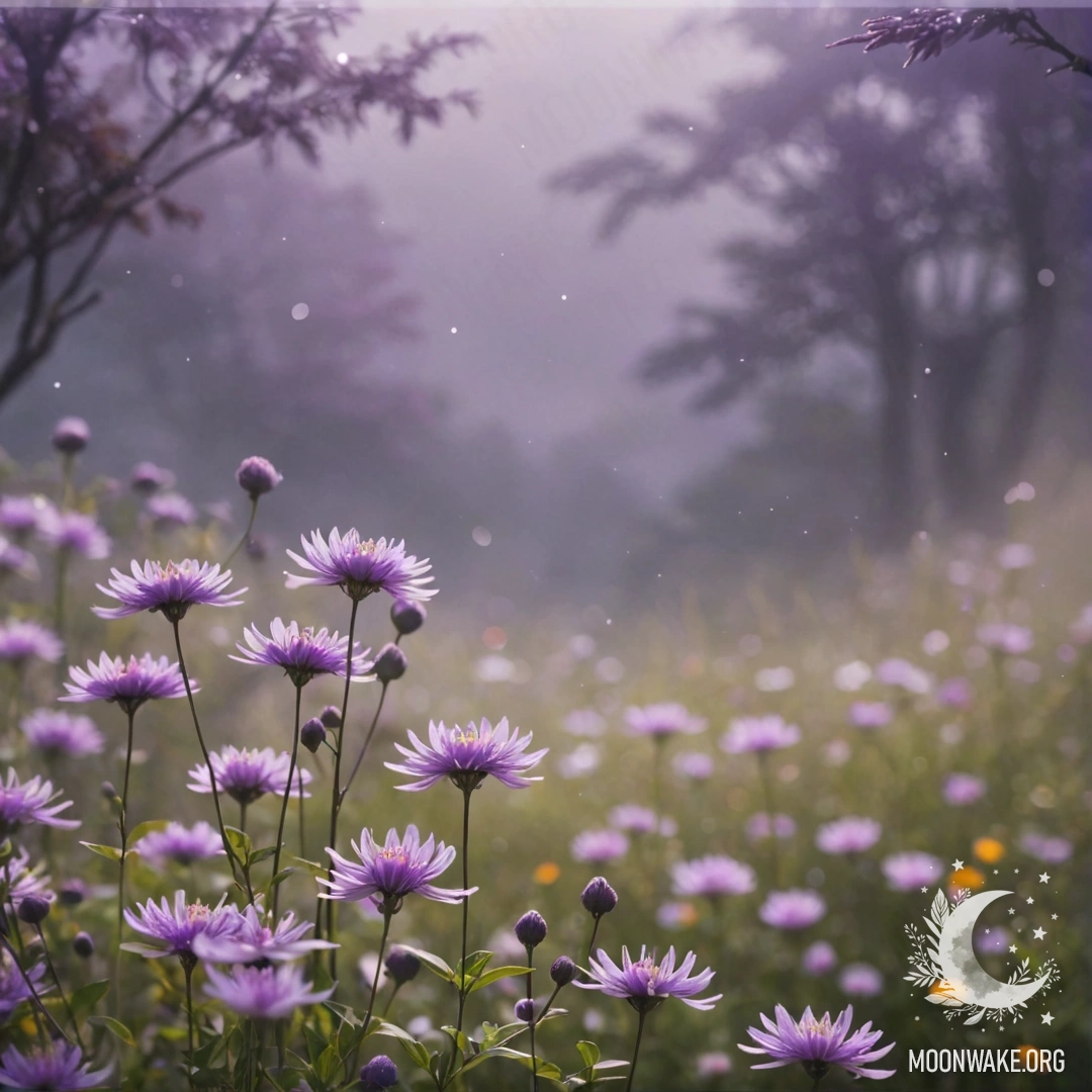 Romantic Wildflowers in Mist A field of purple wildflowers surrounded by soft mist.