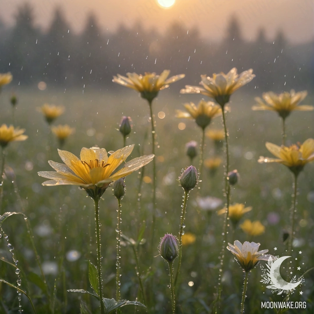 Romantic wildflowers in the mist under rain at sunset, adorned with rhinestones.