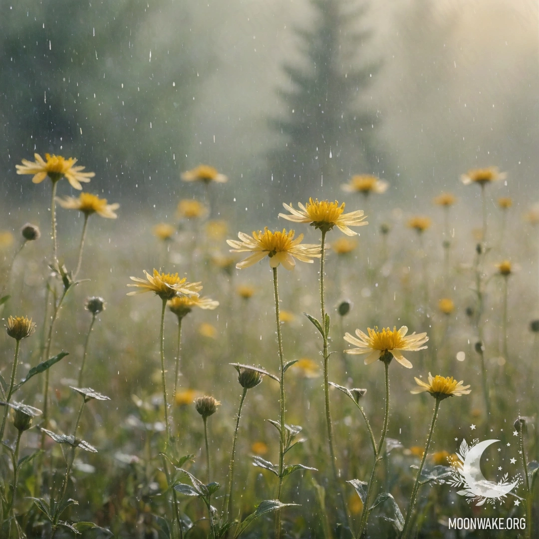 A watercolor painting of romantic wildflowers in mist under the rain, with sunny rays and cream yellow colors.
