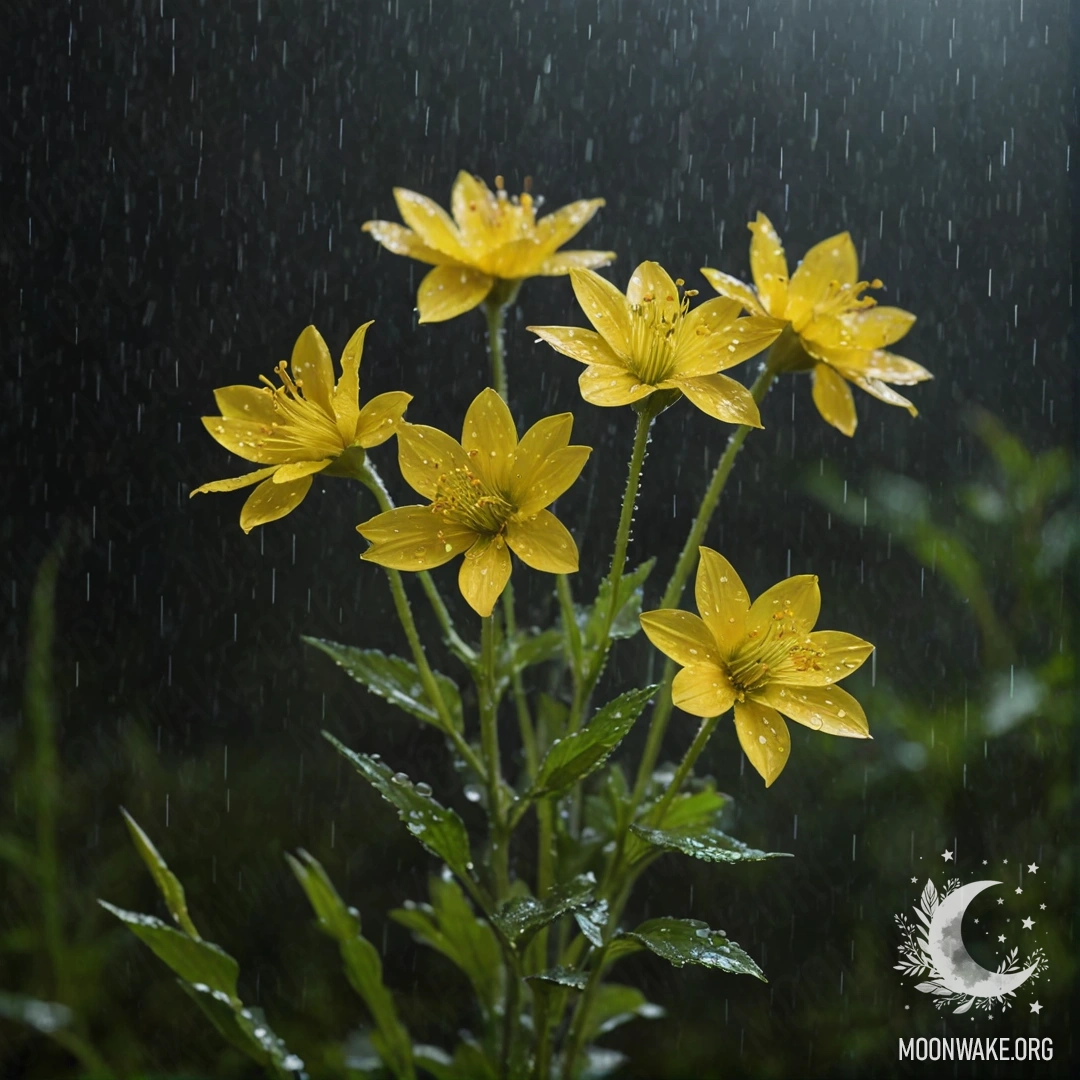 A bouquet of yellow wildflowers enveloped in mist and rain at night.
