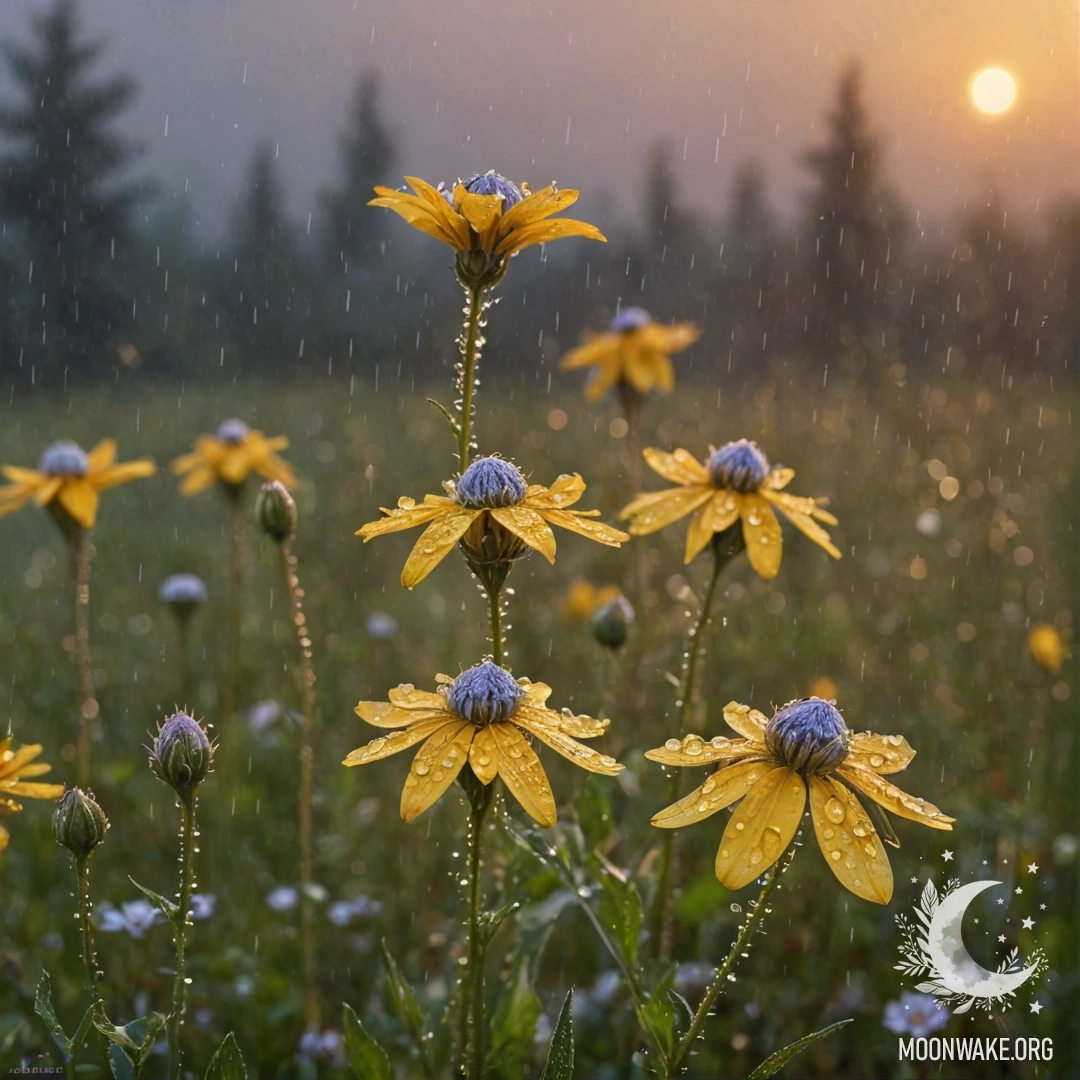 A scene depicting yellow wildflowers in the mist under rain at sunset, adorned with rhinestones.