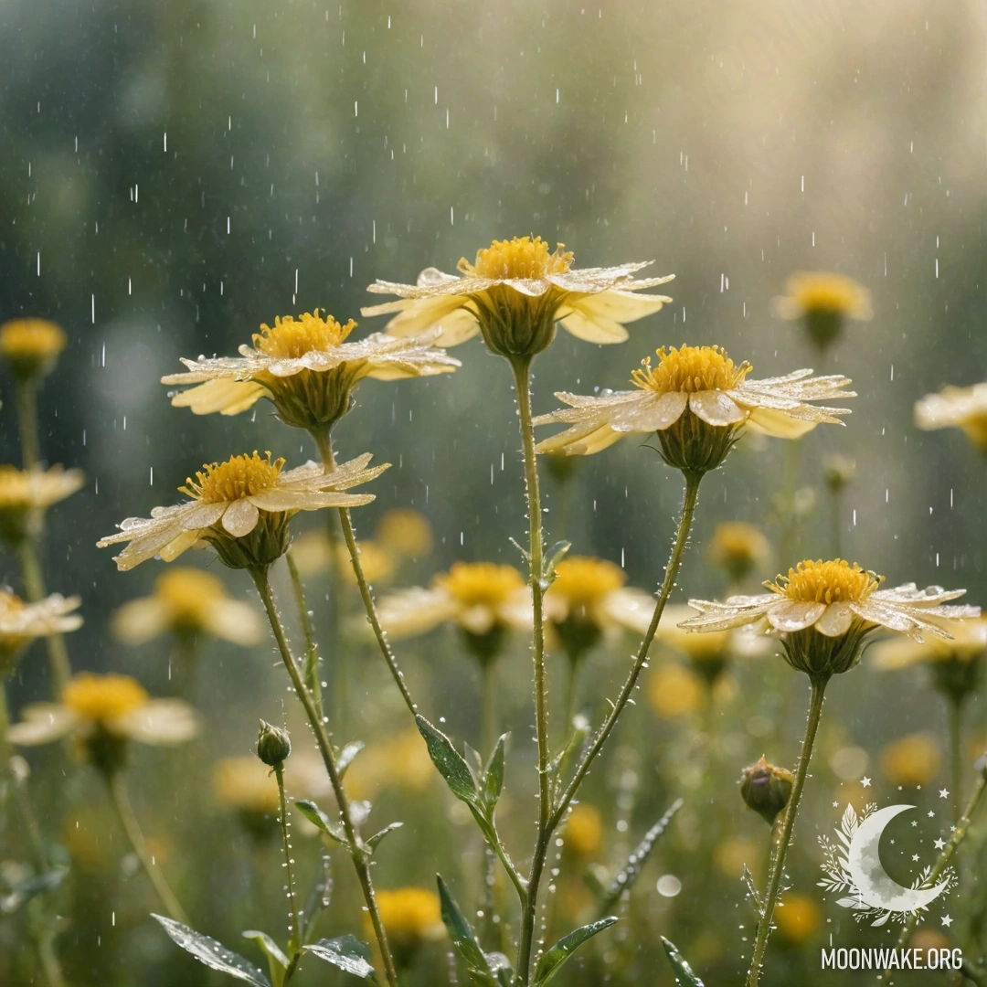A watercolor painting of romantic wildflowers in cream yellow color under rain and sunny rays, adorned with sequins.