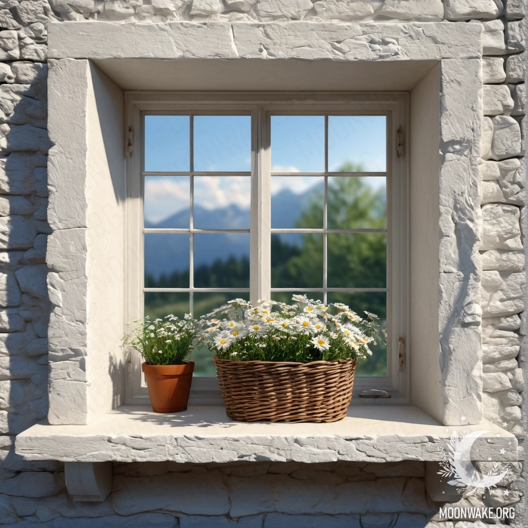 A romantic scene featuring a white stone wall with an open window, a basket of daisies on the windowsill illuminated by sun rays.