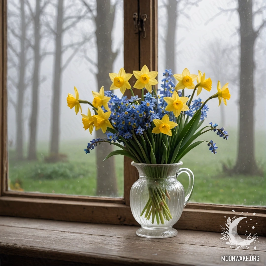 Old shabby wooden window sill with a white porcelain vase containing daffodils and forget-me-nots surrounded by heavy fog.