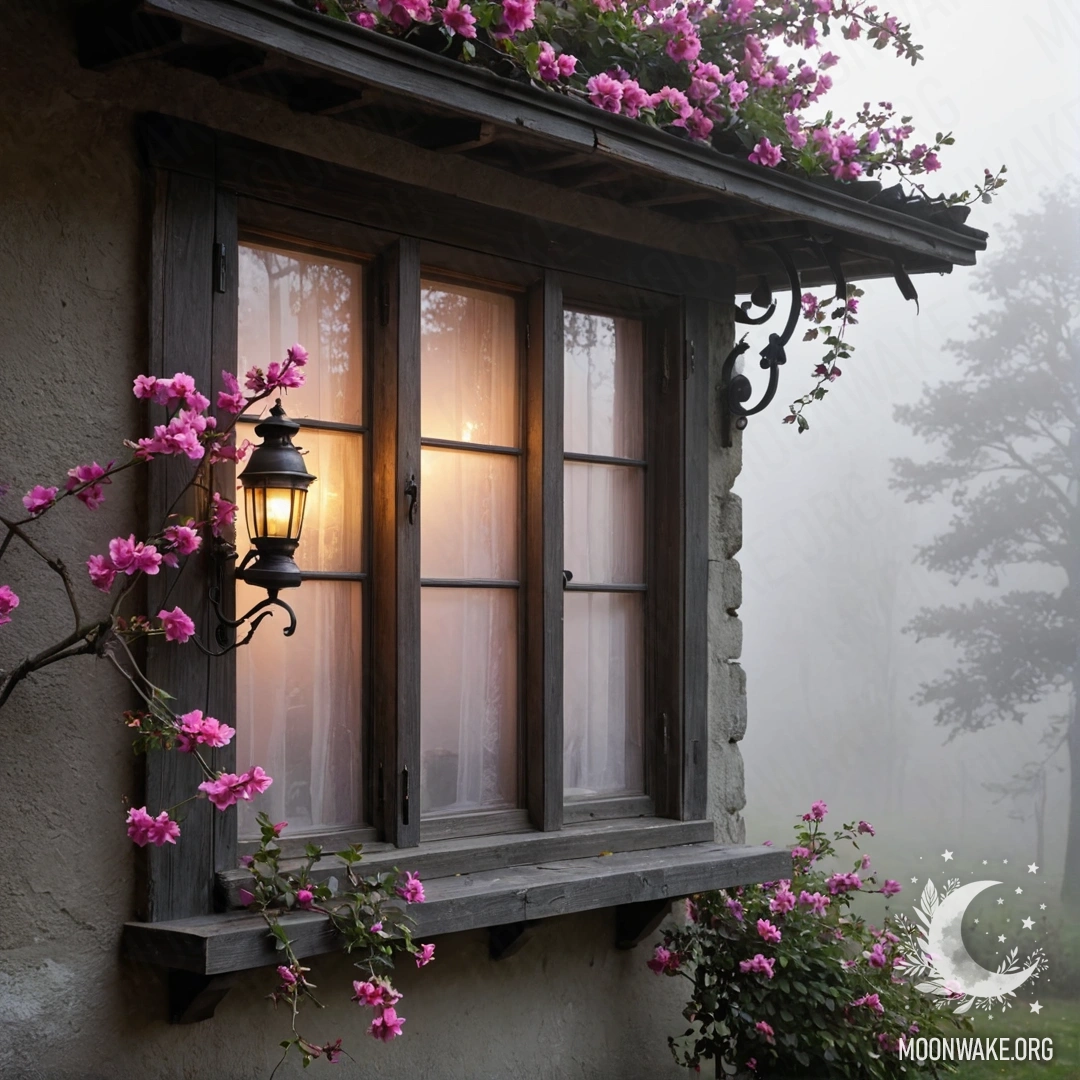 A shabby wooden window with pink flowers in heavy fog.