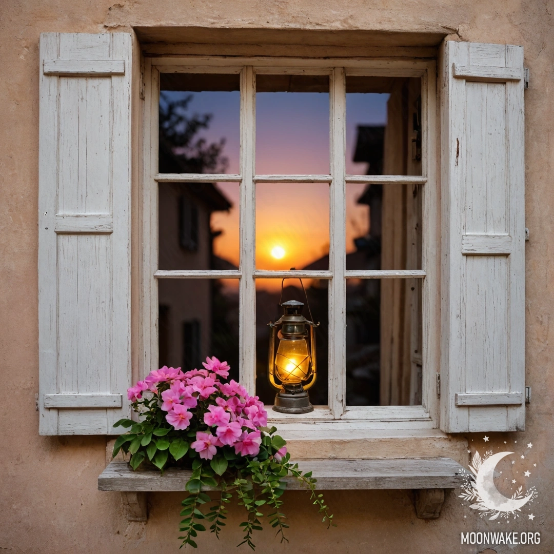 A shabby wooden window surrounded by pink flower branches and a kerosene lamp, illuminated by the sunset.