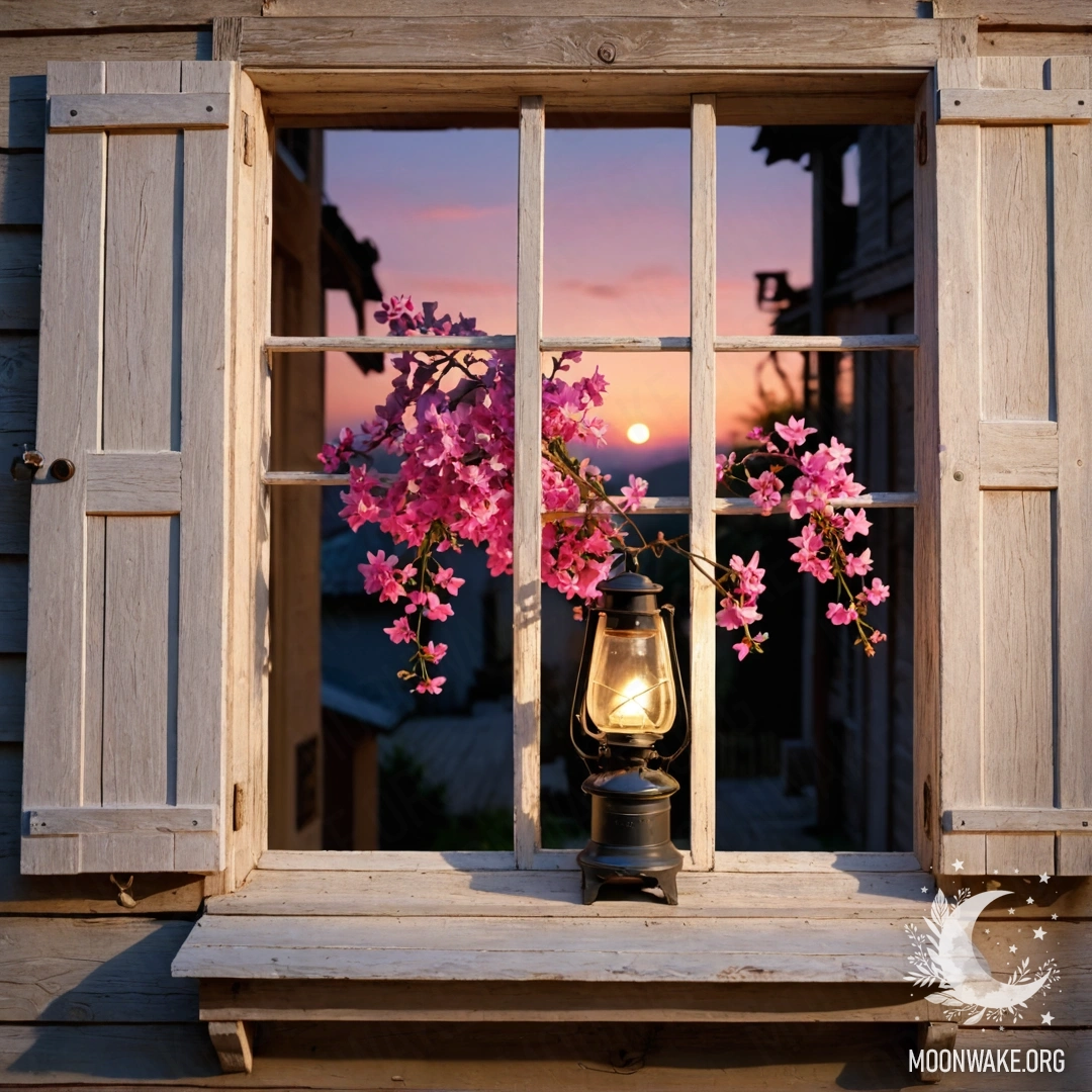 A shabby wooden window adorned with pink flowers and a kerosene lamp above it, illuminated by the sunset.