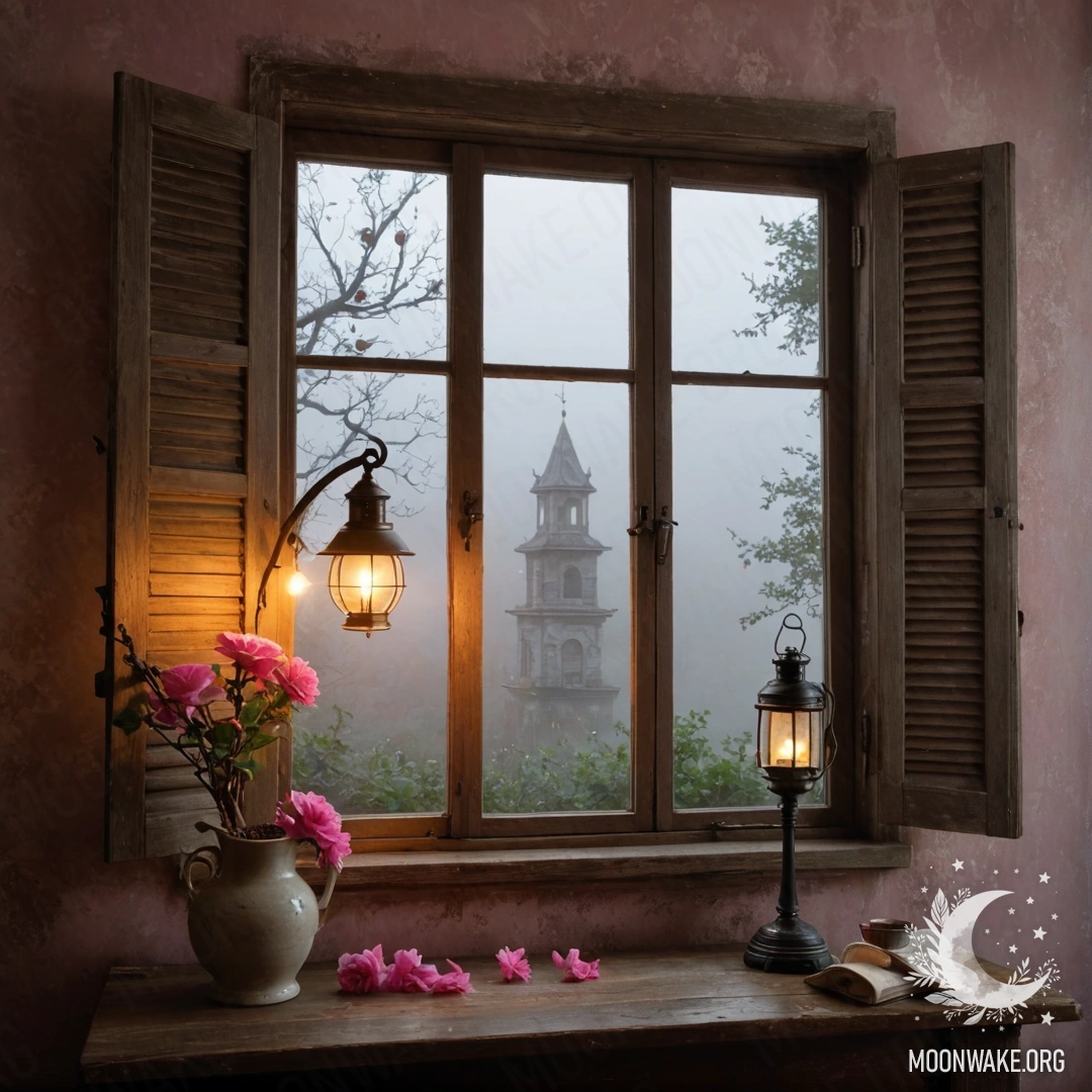A shabby wooden window with shutters, a kerosene lamp above it, and pink flowers curling around the window in heavy fog.