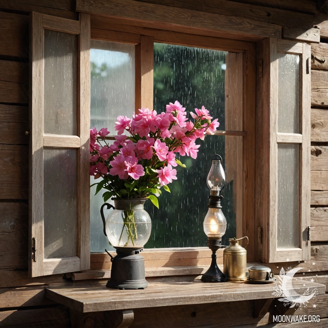 A shabby wooden window with shutters, a kerosene lamp above it, and pink flowers entwined around the window in the rain.