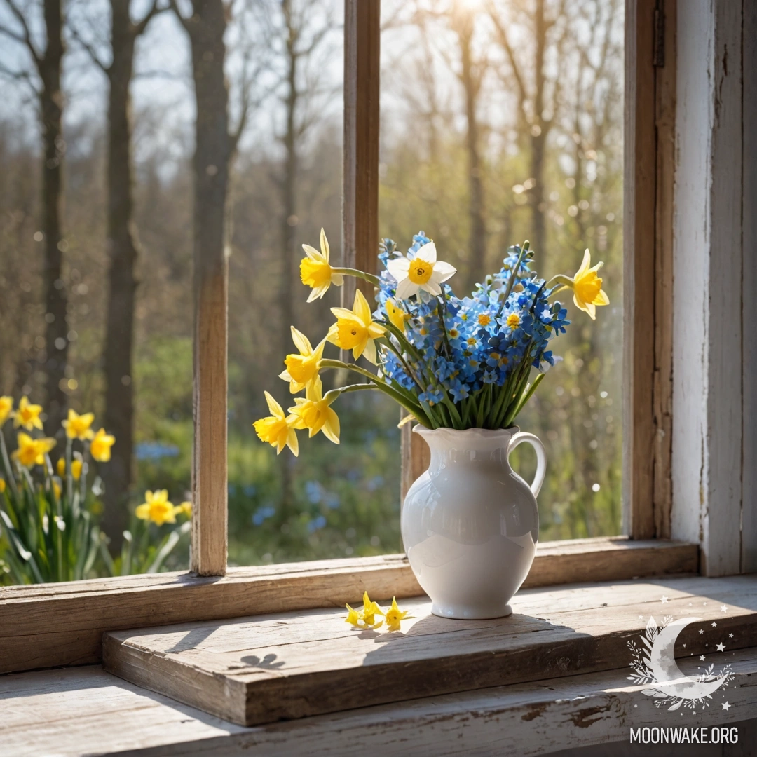 An old shabby wooden window sill with a white porcelain vase holding daffodils and forget-me-nots, illuminated by sun rays.