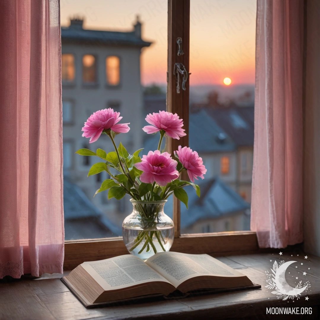 Romantic Window Sill with Flowers and Vintage Book A wooden window sill with an old book, a gray vase with pink flowers, and a sunset curtain.