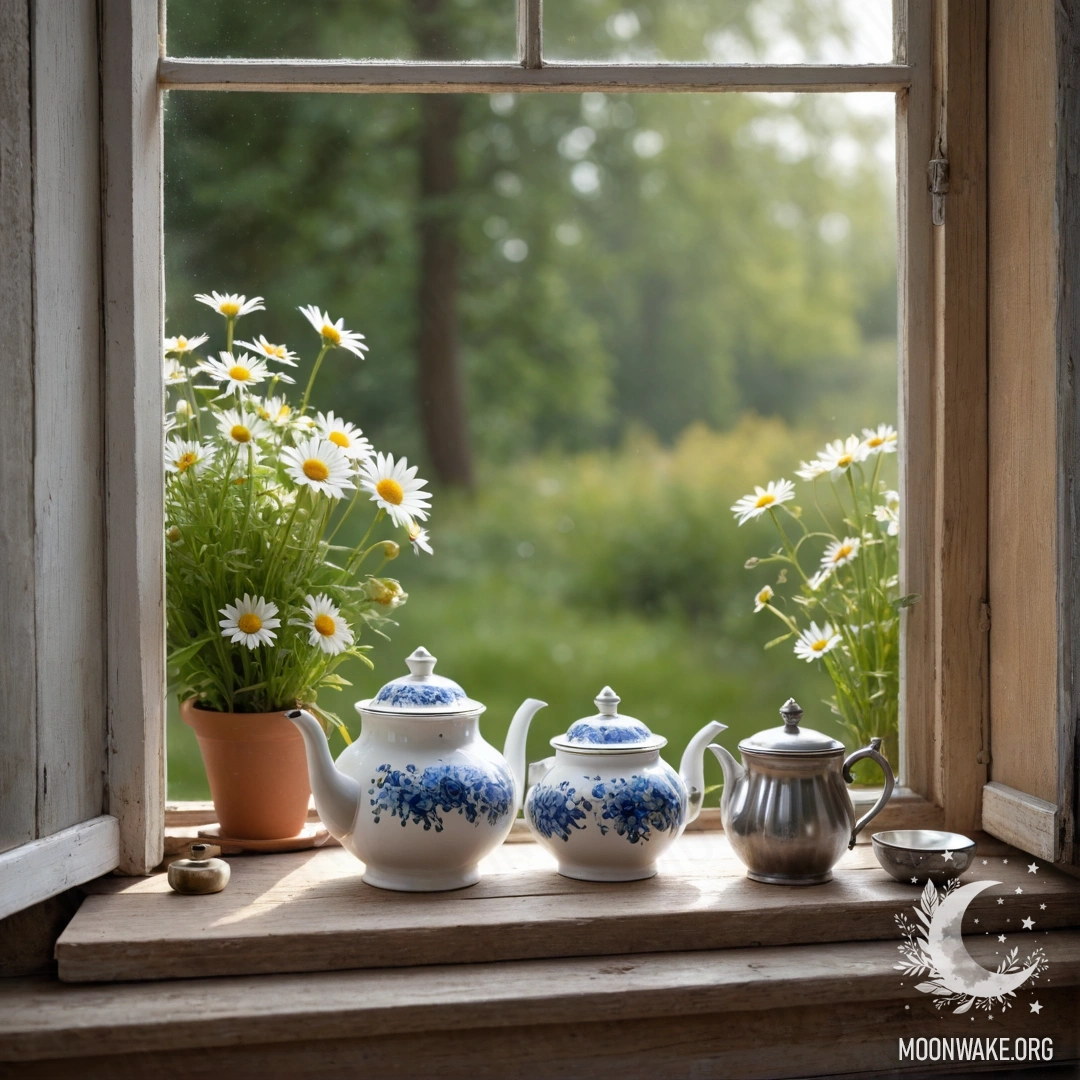 A shabby wooden window sill featuring a metal teapot adorned with patterns and filled with daisies.