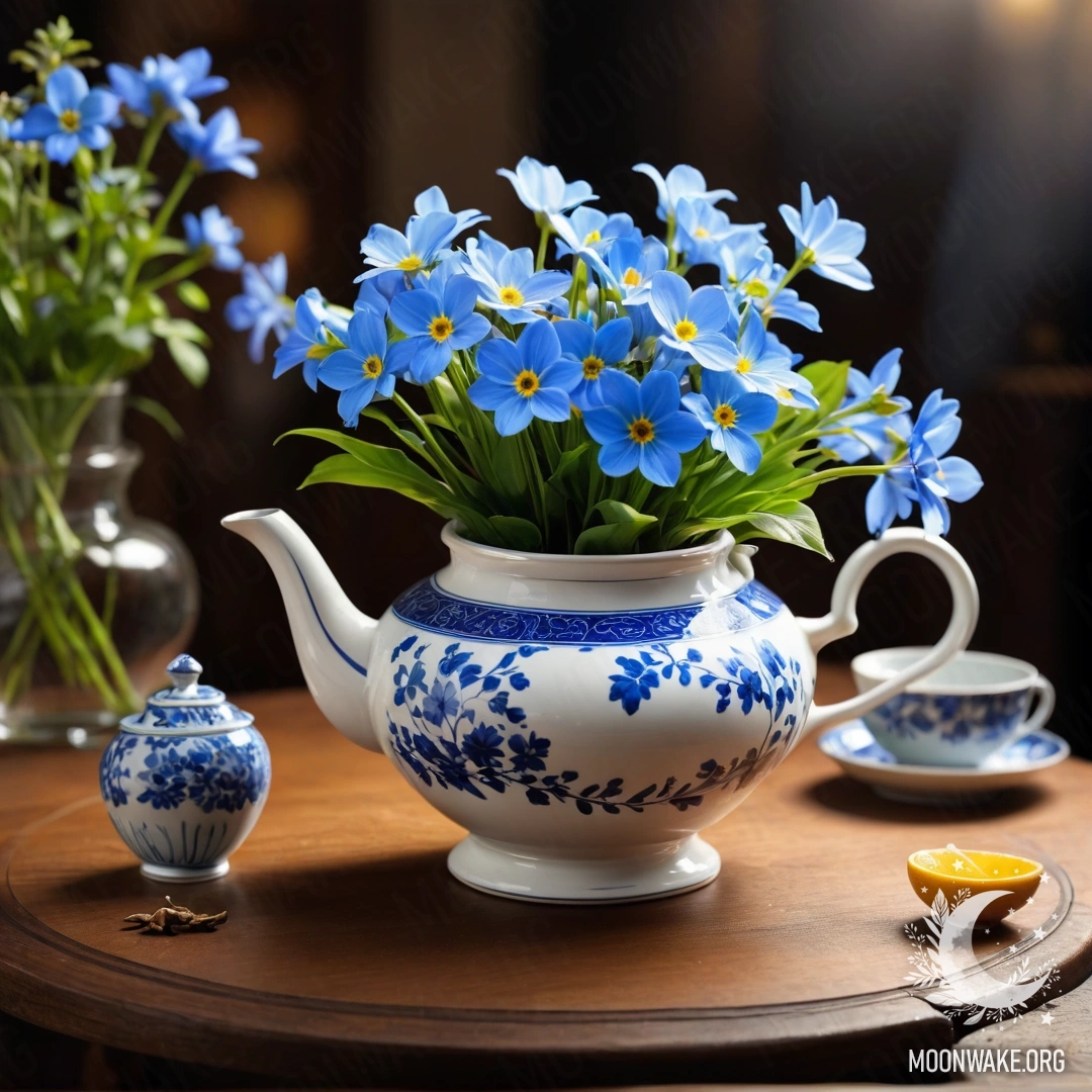An old shabby wooden window sill adorned with a white porcelain vase filled with daffodils and forget-me-nots, softly lit by garland light.