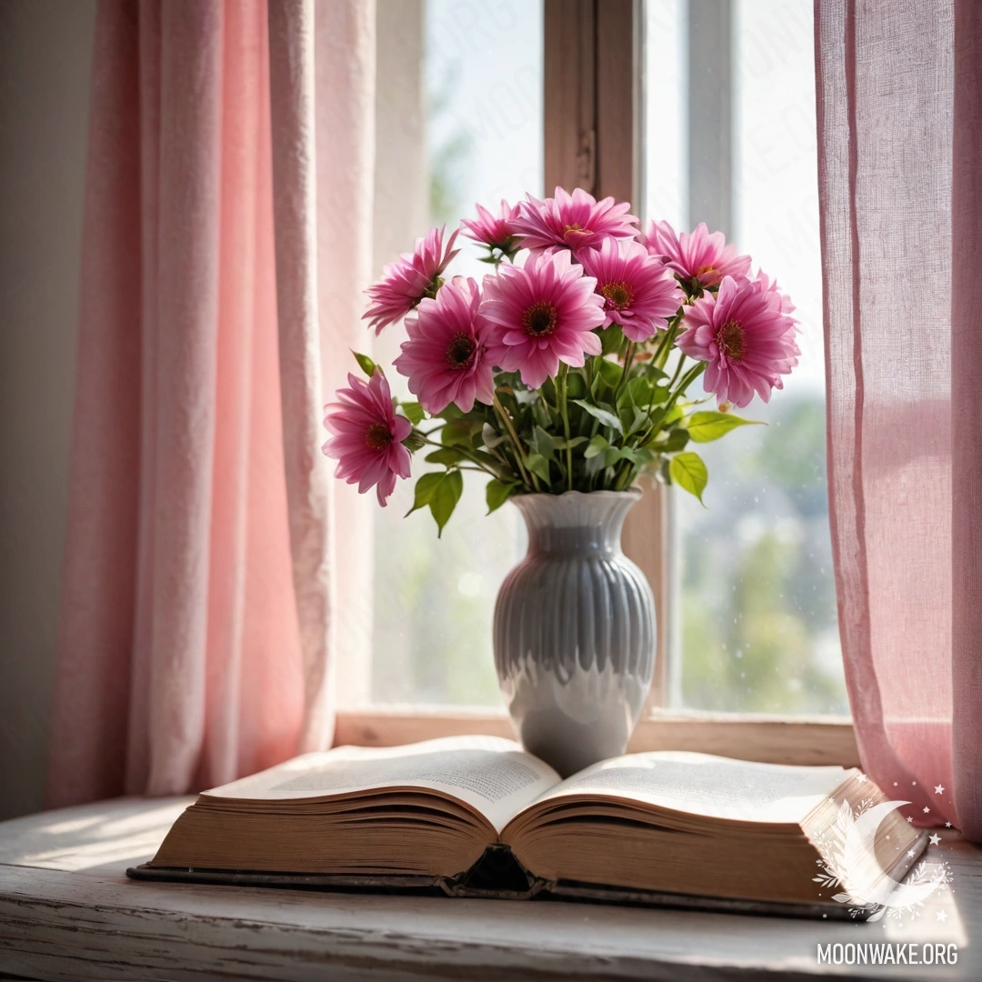 A wooden window sill featuring an old book, a gray vase with pink flowers, and a soft pink curtain illuminated by sunlight.