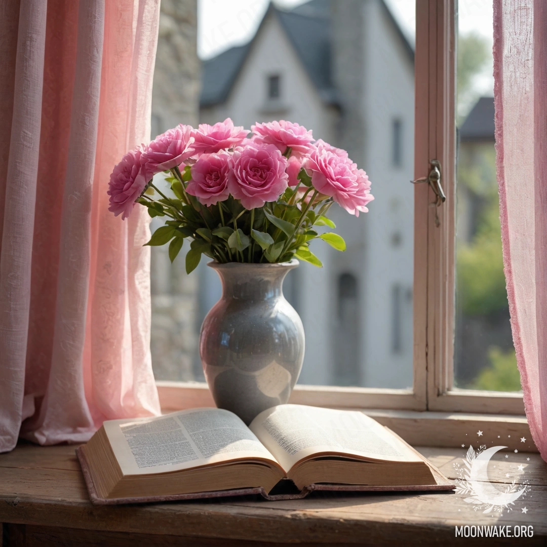 A wooden window sill featuring an old book, a gray vase with pink flowers, and a pink curtain.
