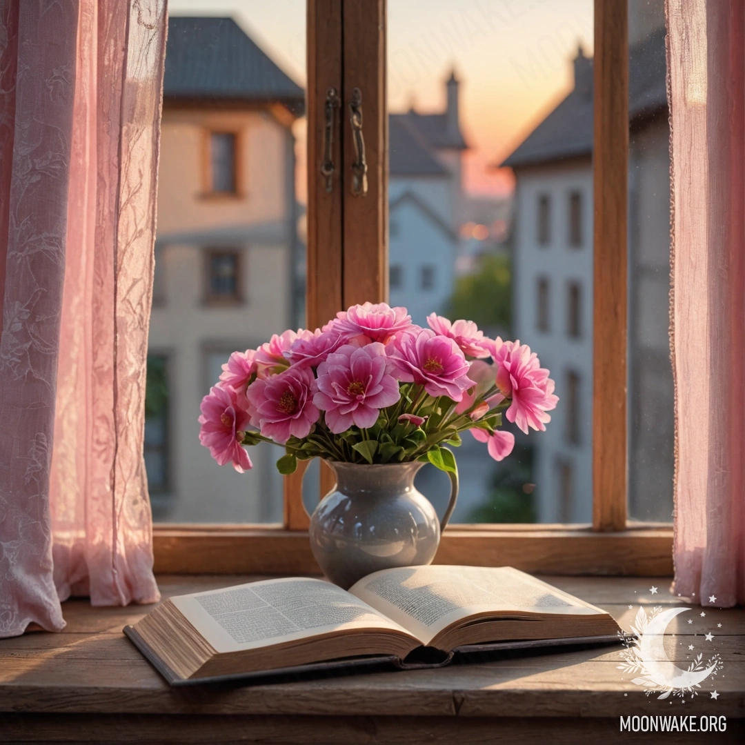 An old, shabby book rests on a wooden window sill beside a gray vase filled with pink flowers, adorned with a delicate pink curtain illuminated by the sunset.