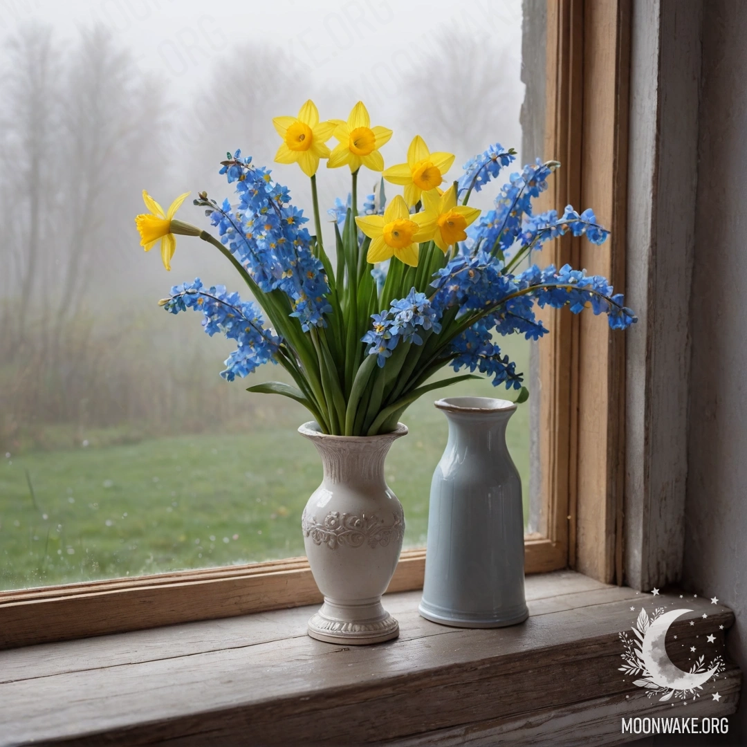 Old shabby wooden window sill adorned with a white vase of flowers