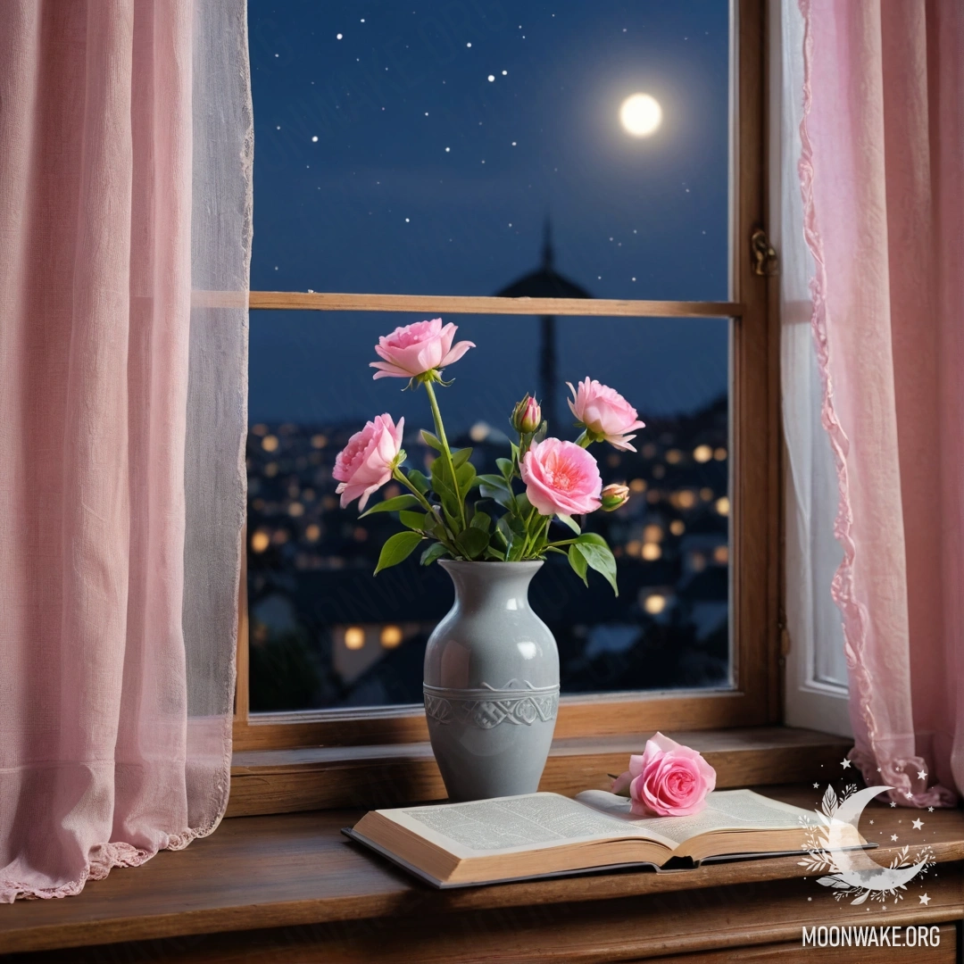 A wooden window sill at night with an old book, a gray vase filled with pink flowers, and a pink curtain draping softly.