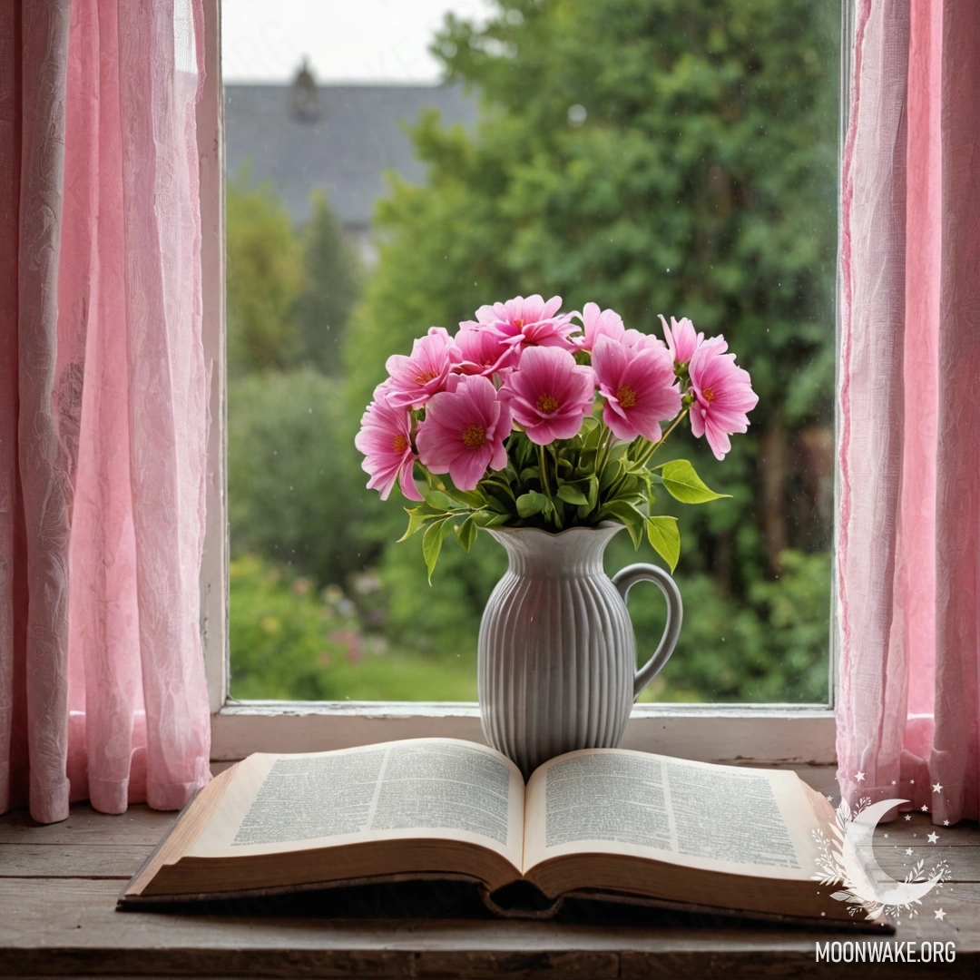 A wooden window sill featuring an old shabby book and a gray vase with pink flowers, accentuated by a soft pink curtain.