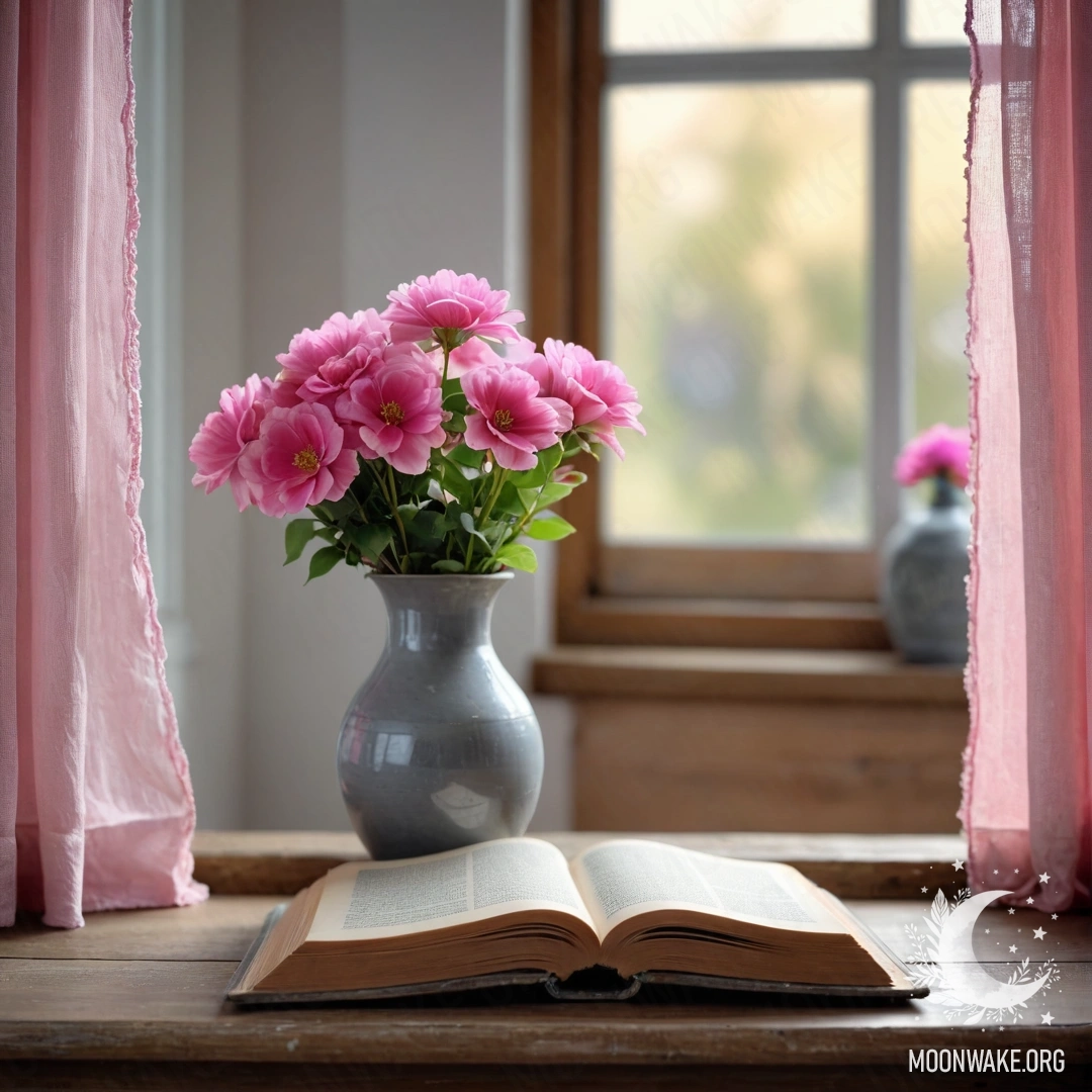 A wooden window sill with an old book, a gray vase holding pink flowers, and a pink curtain illuminated by garland lights.