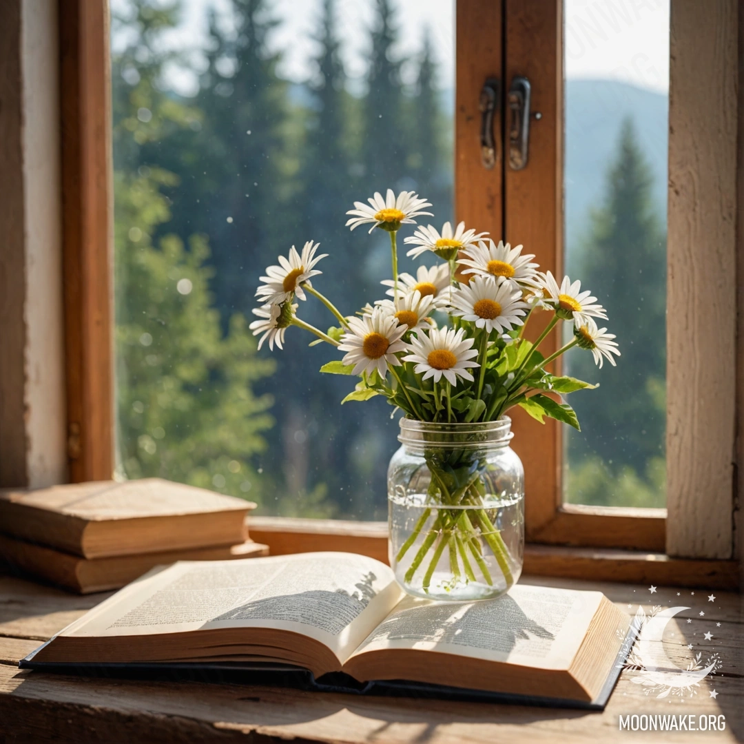 A shabby wooden windowsill adorned with a jar of daisies and an open book next to a lens.