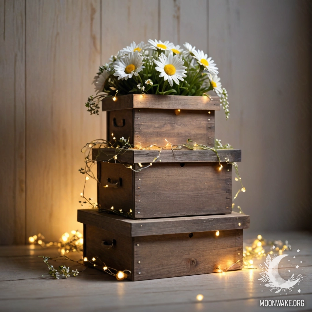 A stack of shabby wooden boxes adorned with daisies and light garland.