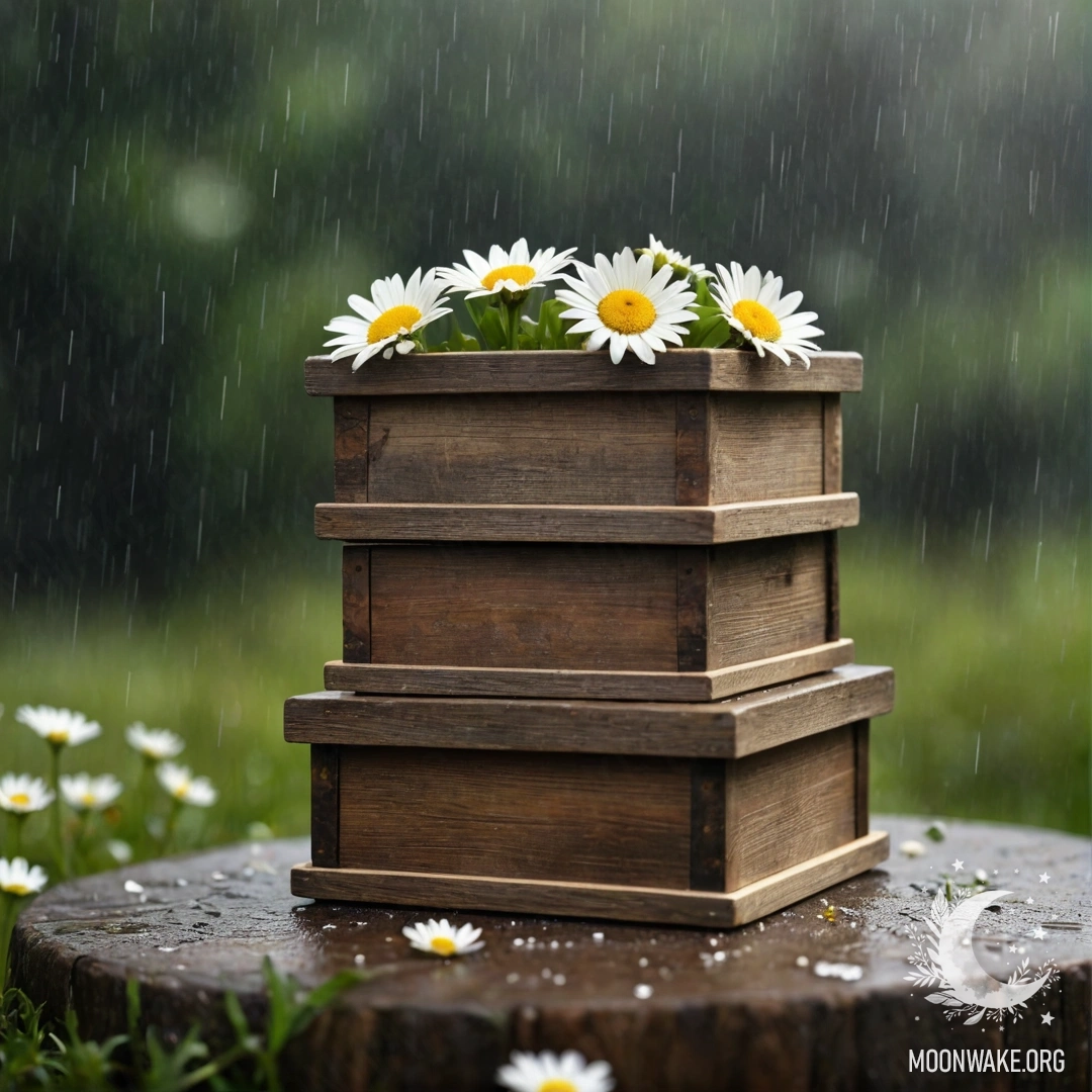 Two shabby wooden boxes stacked with daisies resting on top under rain.