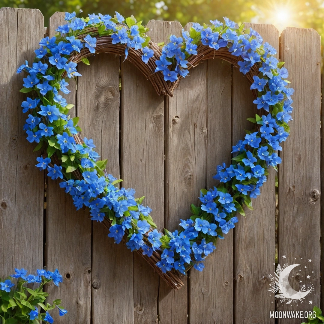 Close-up of an old wooden fence adorned with a heart-shaped blue flower wreath.