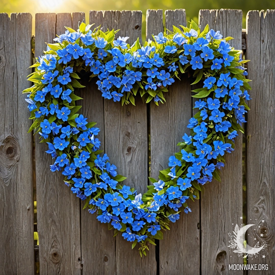 Close-up of an old wooden fence adorned with a heart-shaped blue flower wreath.