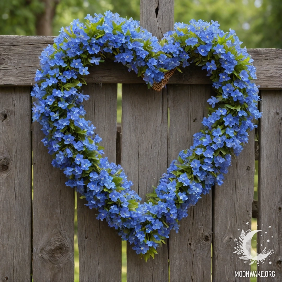Close-up of an old wooden fence adorned with a heart-shaped wreath of blue flowers.