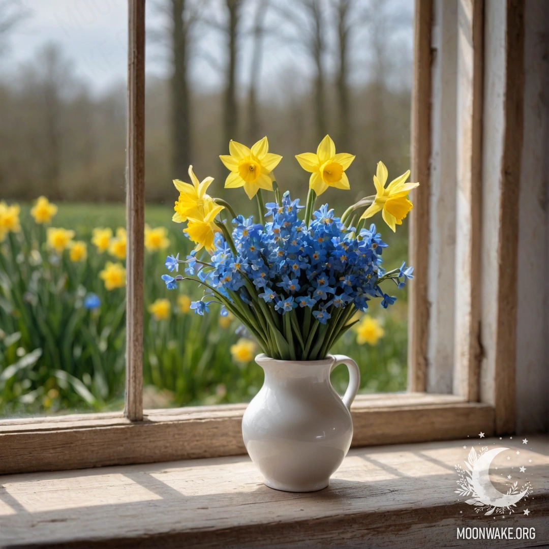 An old shabby wooden window sill adorned with a white porcelain vase holding daffodils and forget-me-nots, capturing a serene moment.