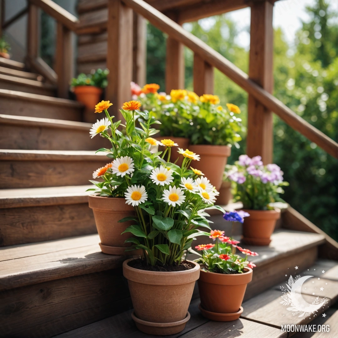 A picturesque wooden staircase adorned with flowerpots, creating a romantic atmosphere.