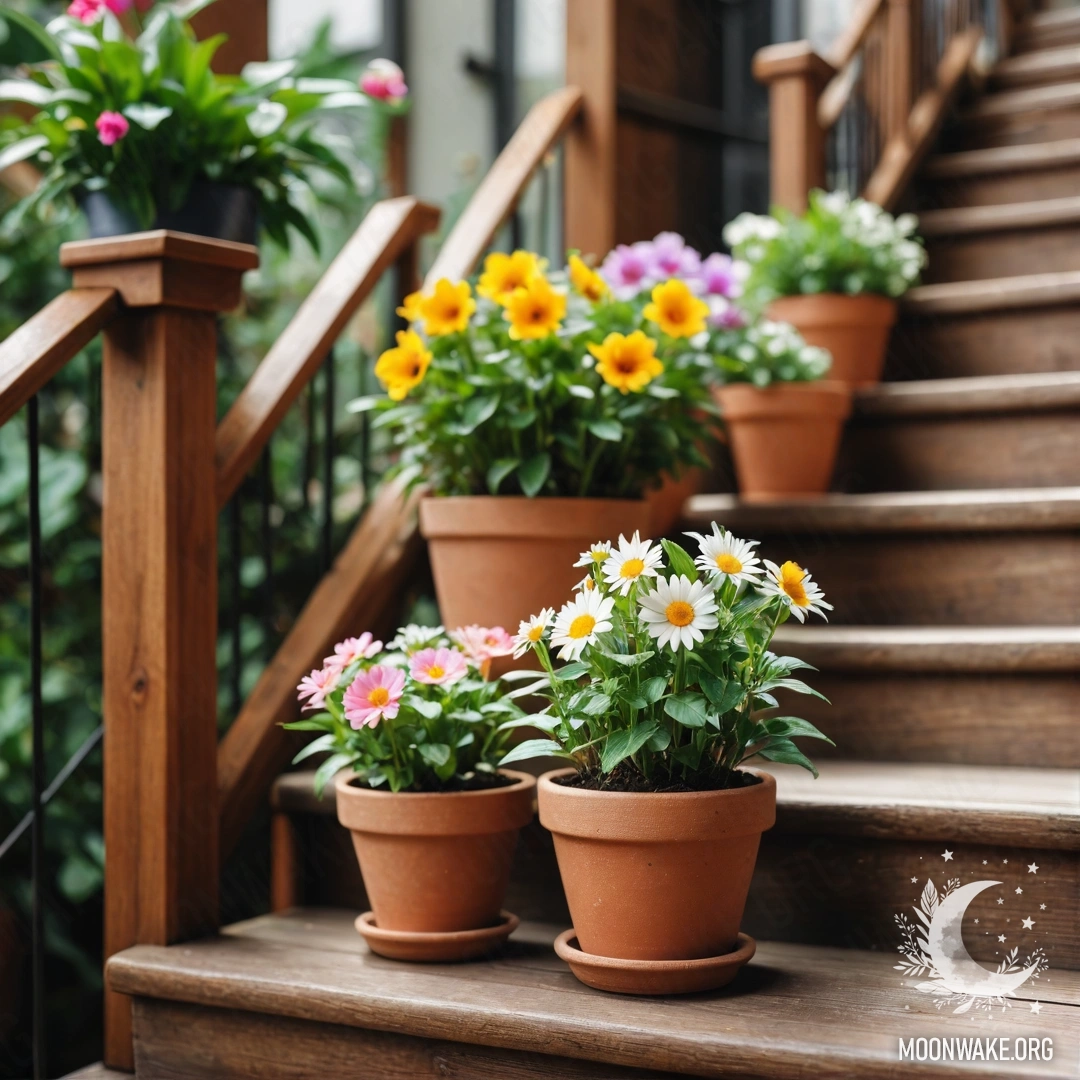 Photorealistic image of a wooden staircase adorned with flowerpots.