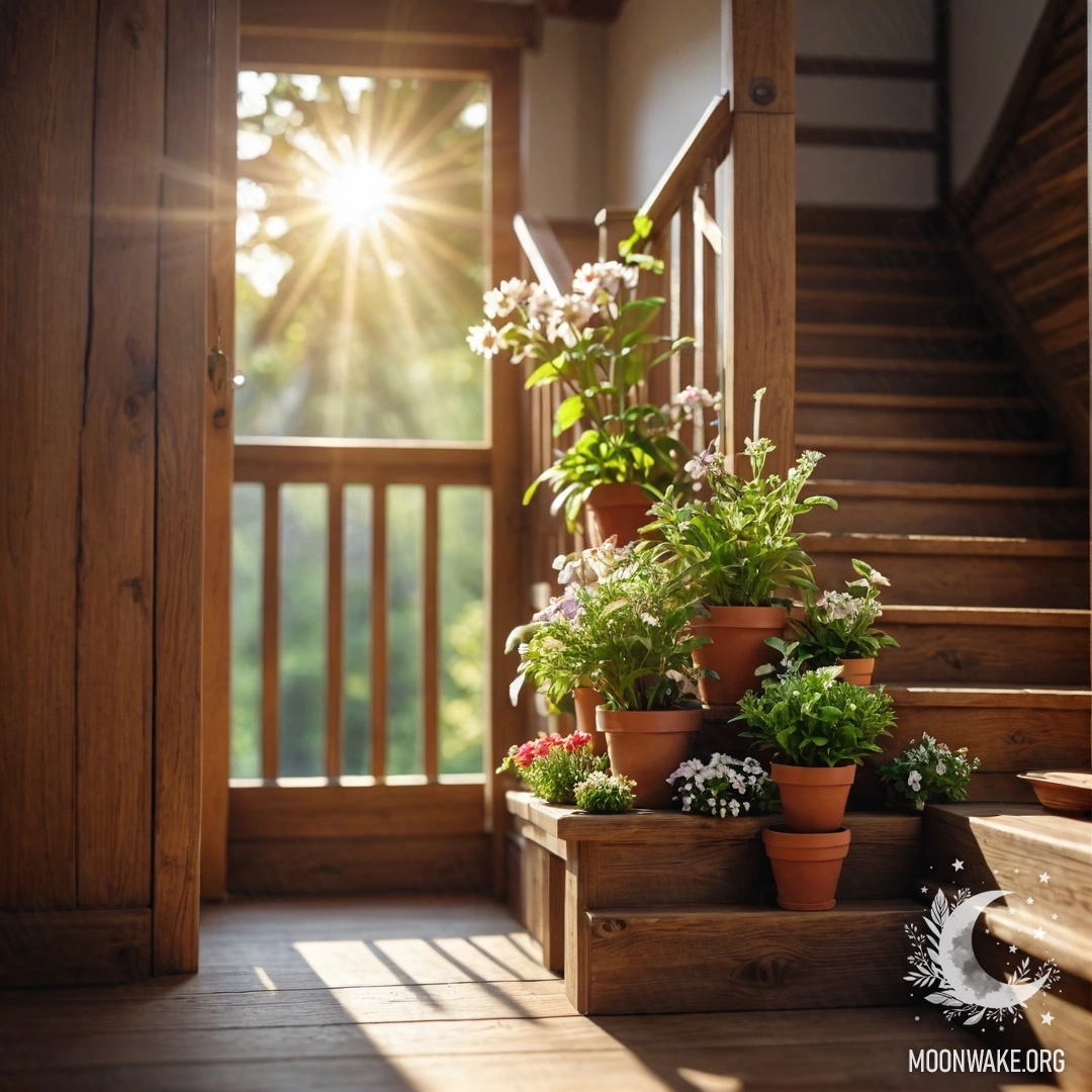 A wooden staircase adorned with flowerpots bathed in sunlight.