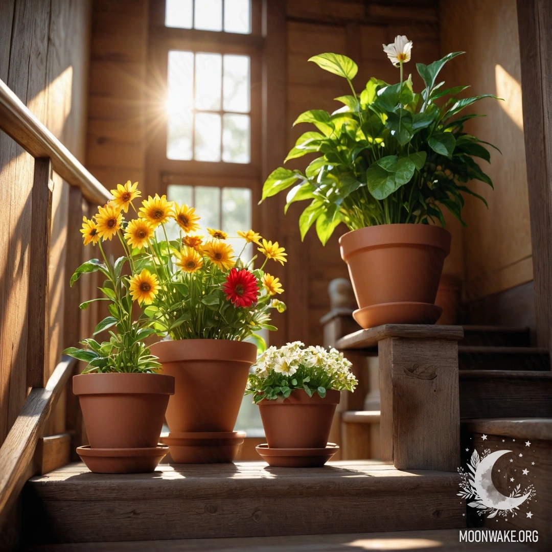 A romantic wooden staircase adorned with flowerpots, softly illuminated by sun rays.