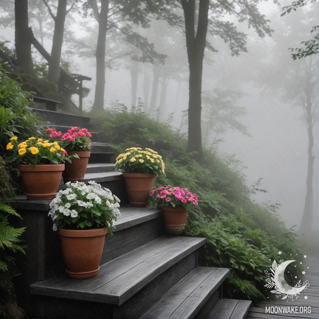 A wooden staircase adorned with flowerpots in a dense mist.