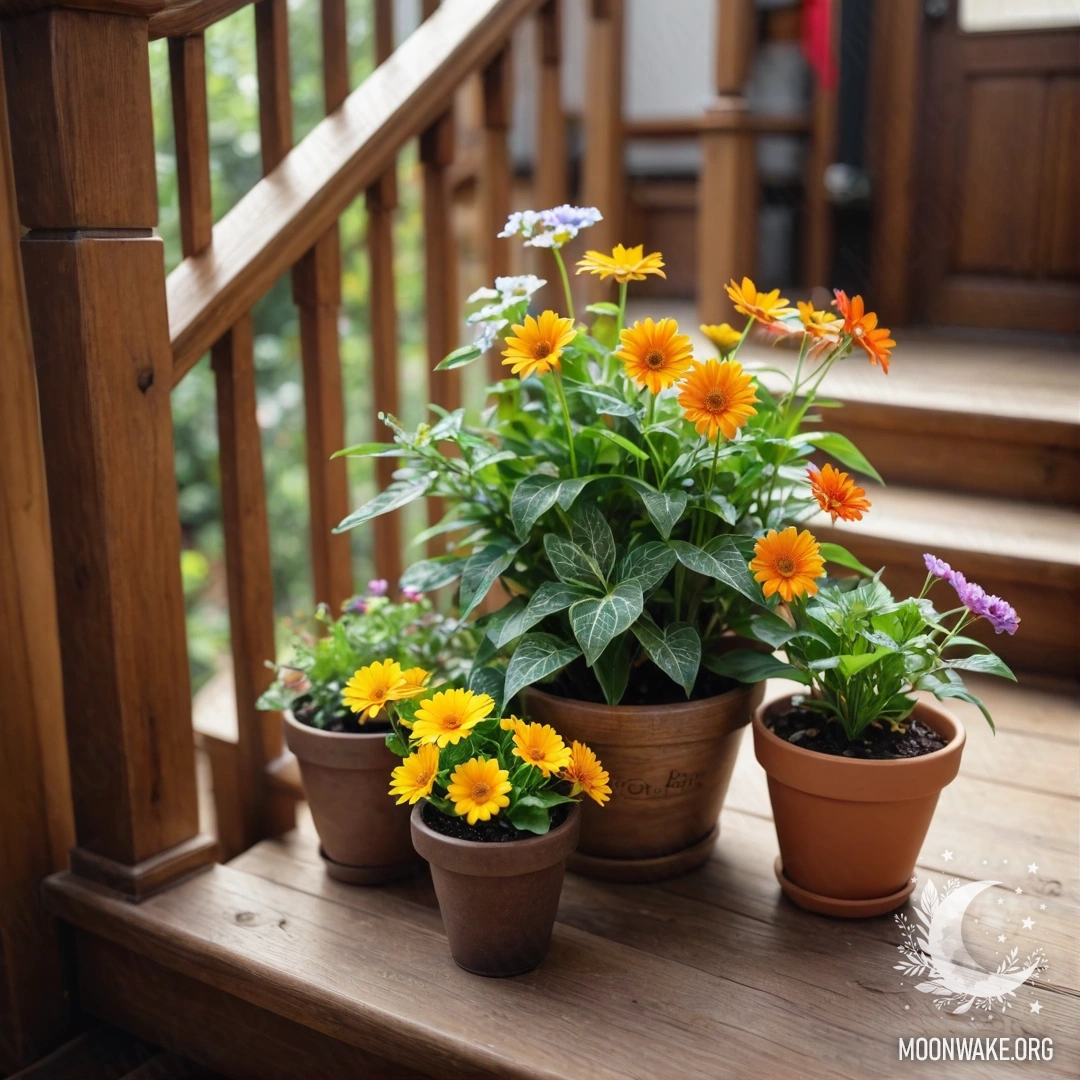 Romantic Wooden Staircase with Flowerpots A wooden staircase adorned with flowerpots, creating a romantic ambiance.