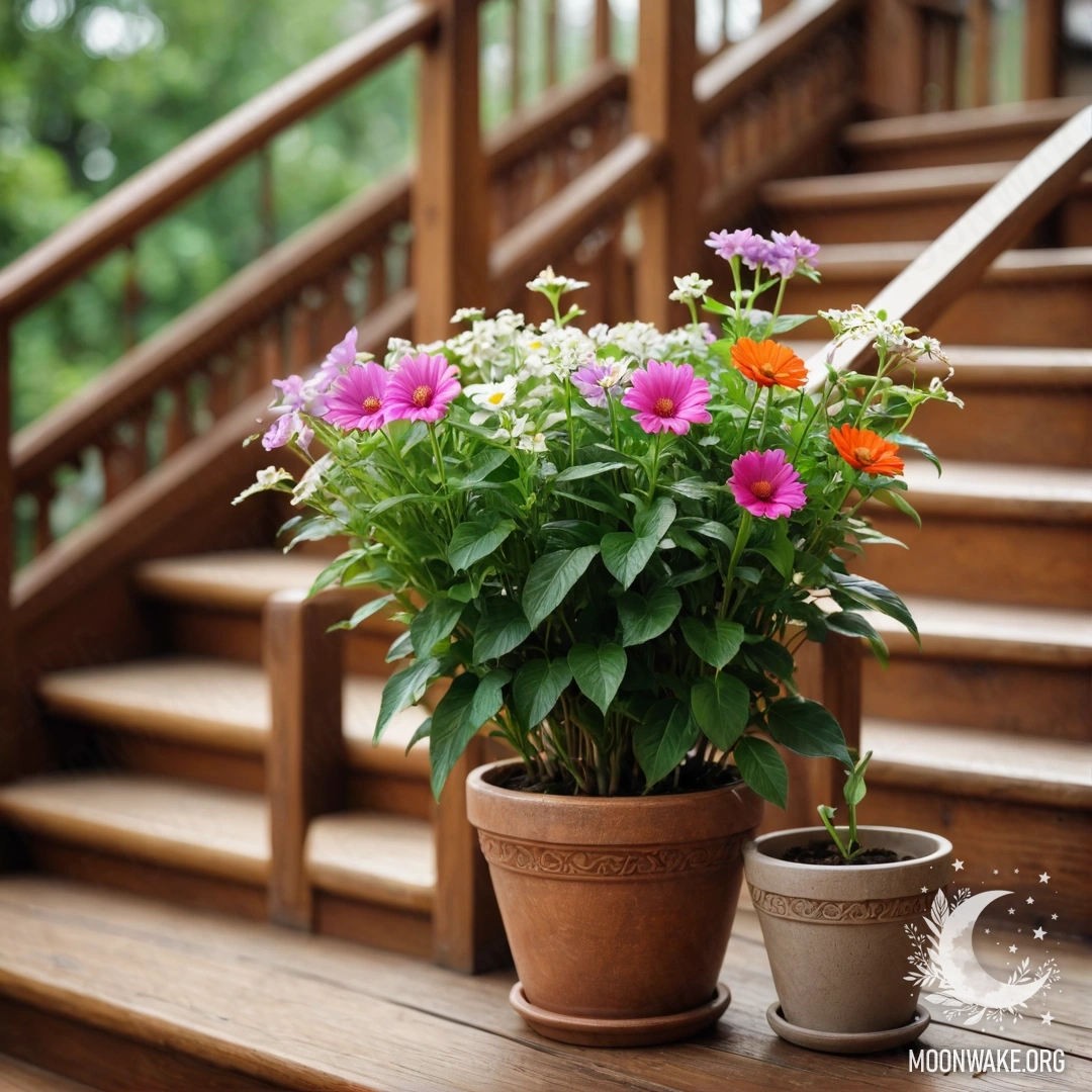 A wooden staircase adorned with flowerpots, creating a romantic atmosphere.
