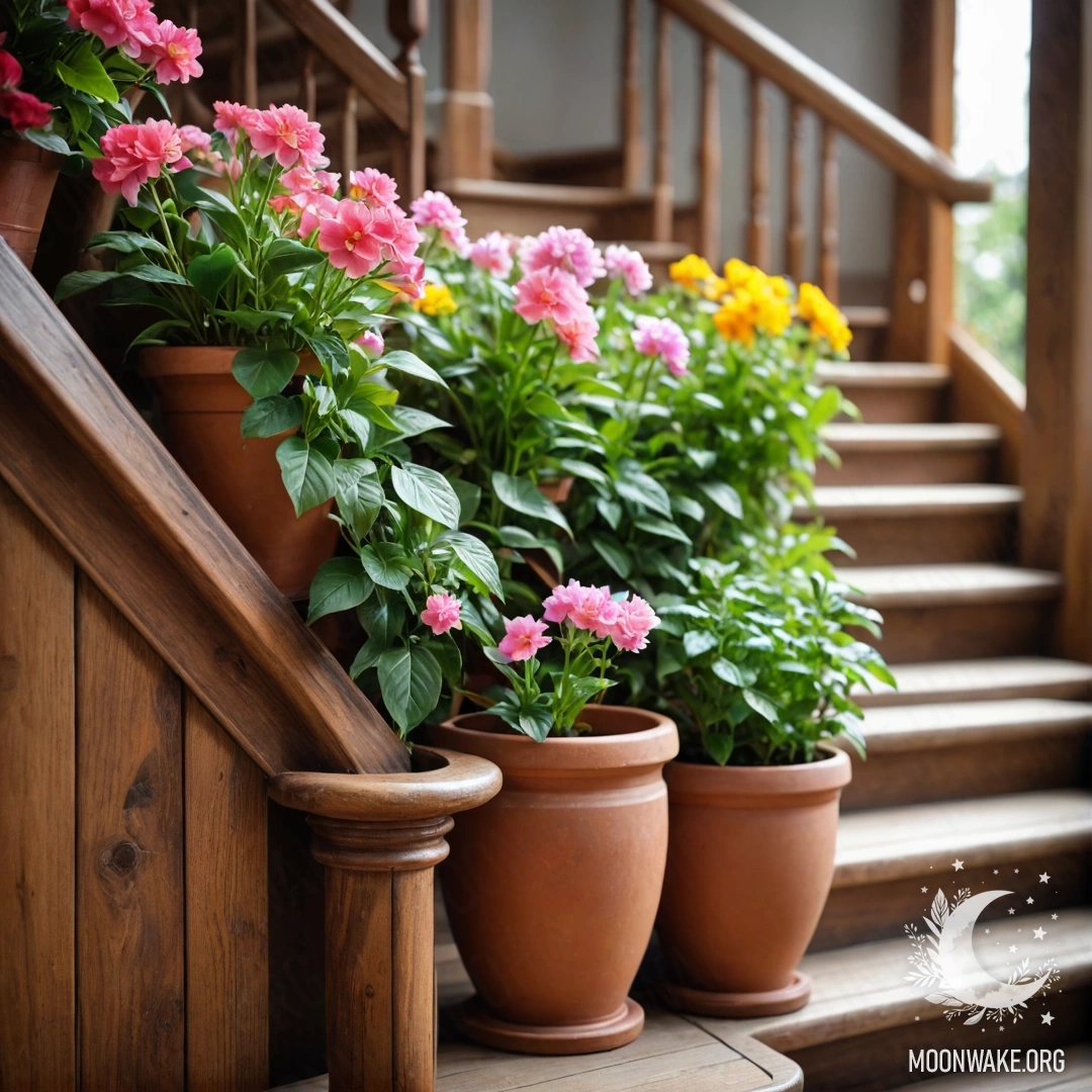 A wooden staircase adorned with flowerpots, creating a romantic atmosphere.