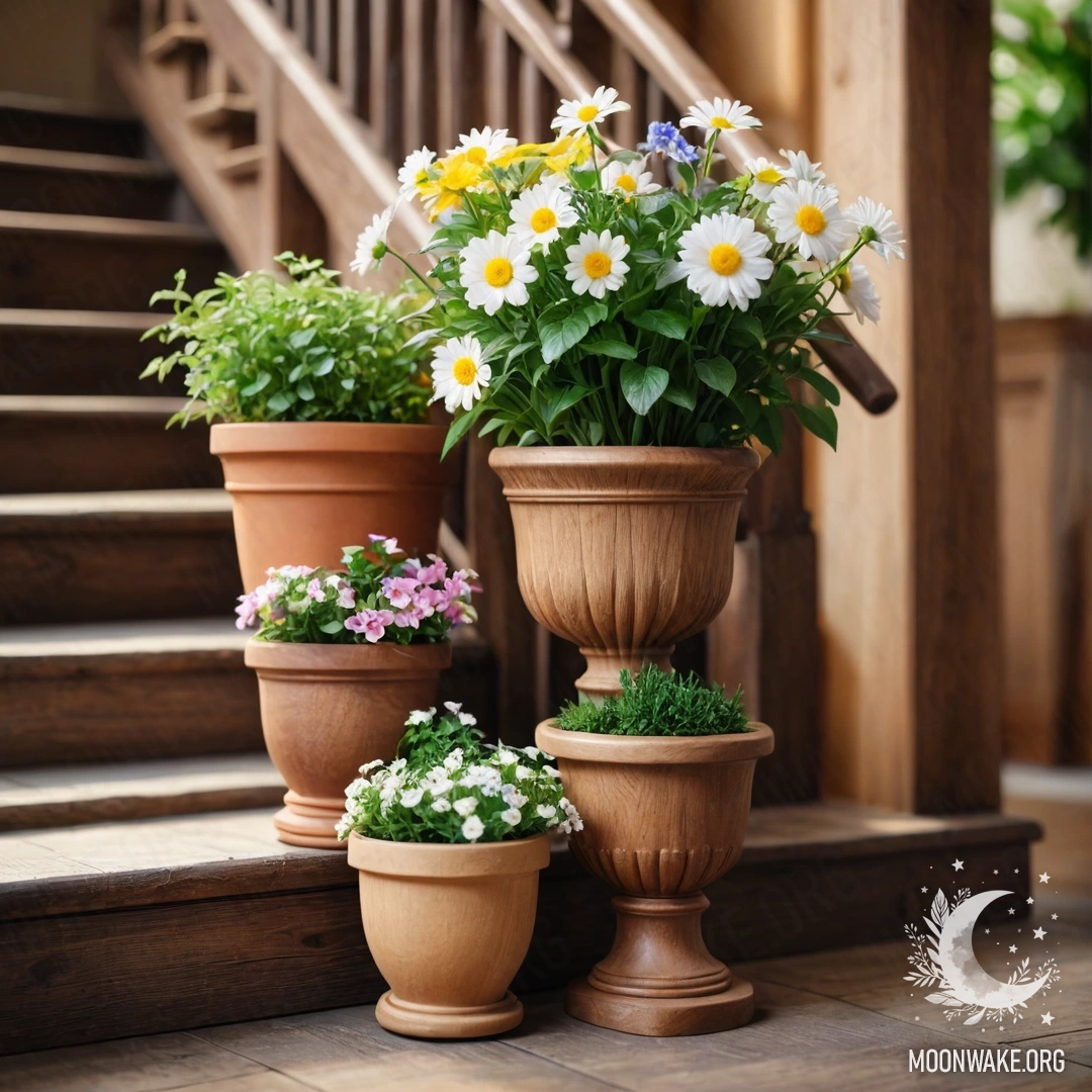 Romantic Wooden Staircase with Flowerpots A wooden staircase adorned with flowerpots and soft lighting.