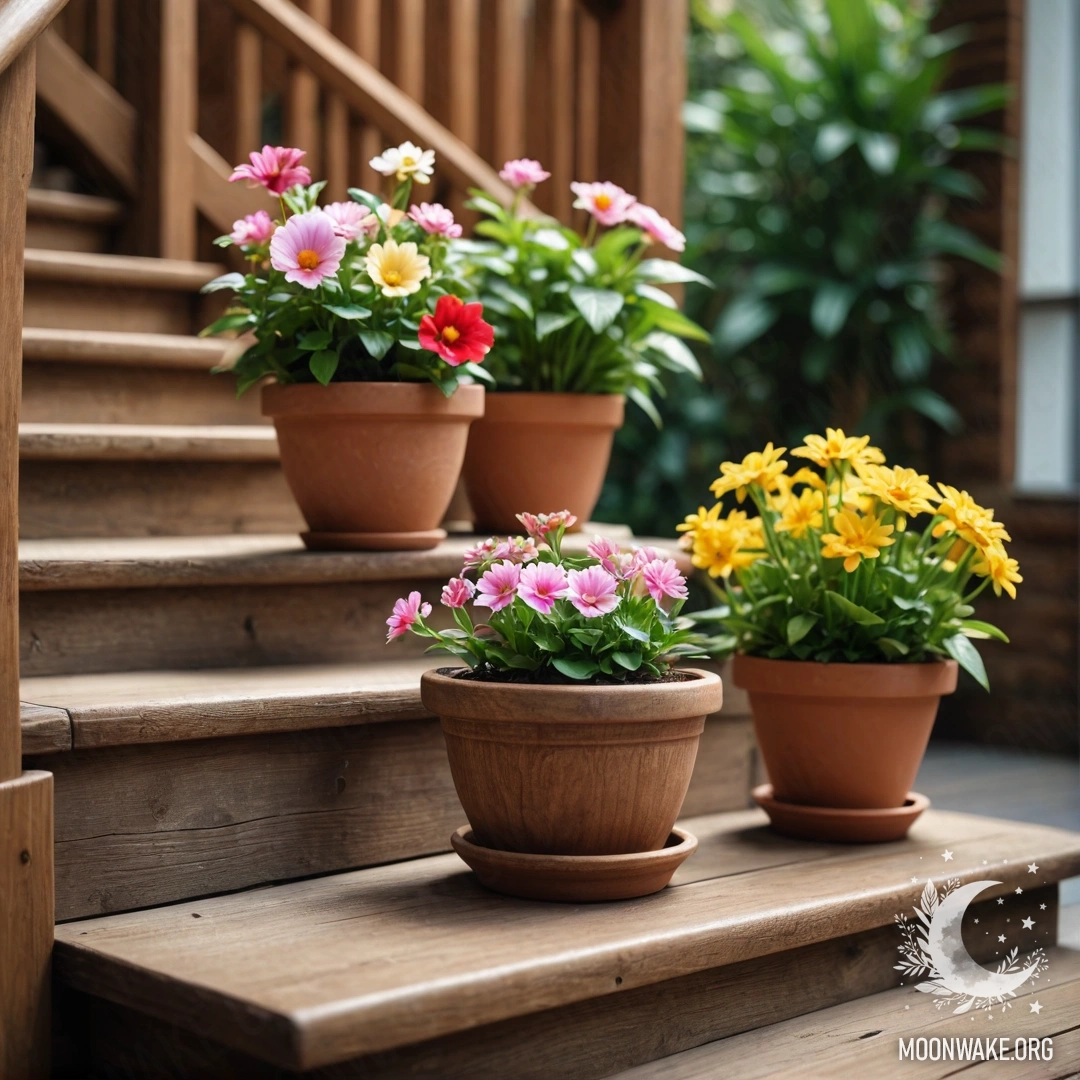 A romantic wooden staircase adorned with flowerpots containing lenses.