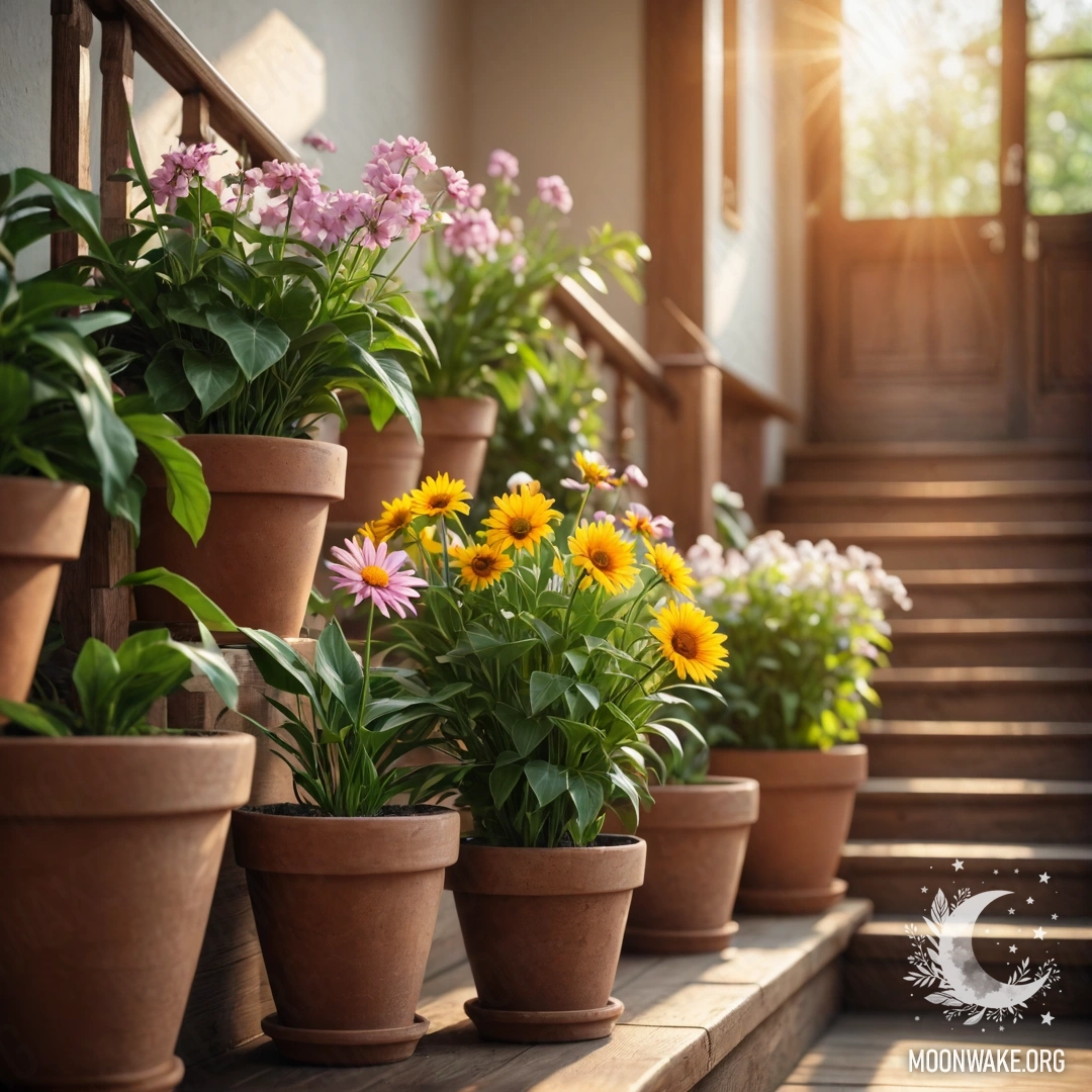Romantic Wooden Staircase with Flowerpots A wooden staircase adorned with flowerpots, bathed in sun rays.