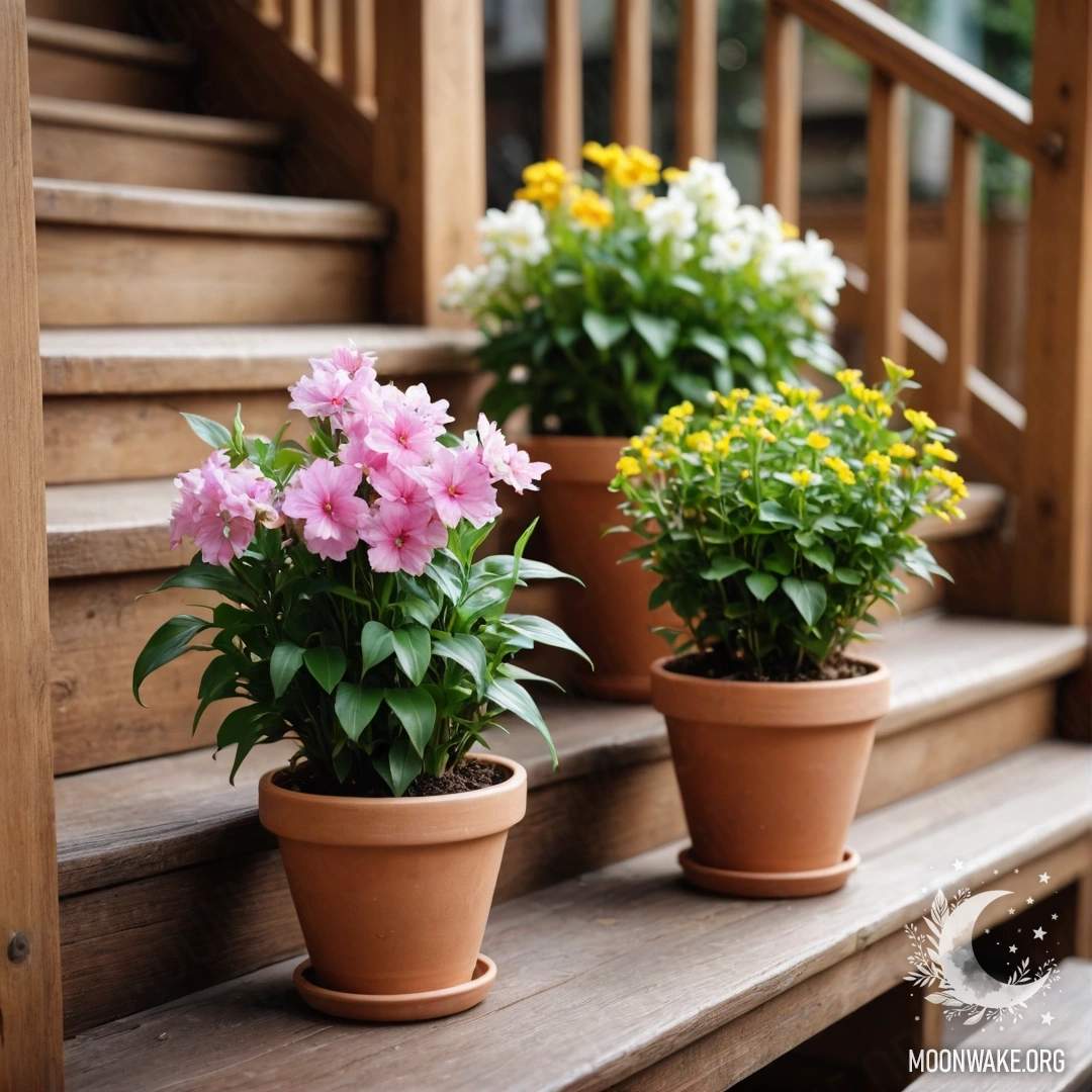 A wooden staircase adorned with flowerpots featuring lush plants.