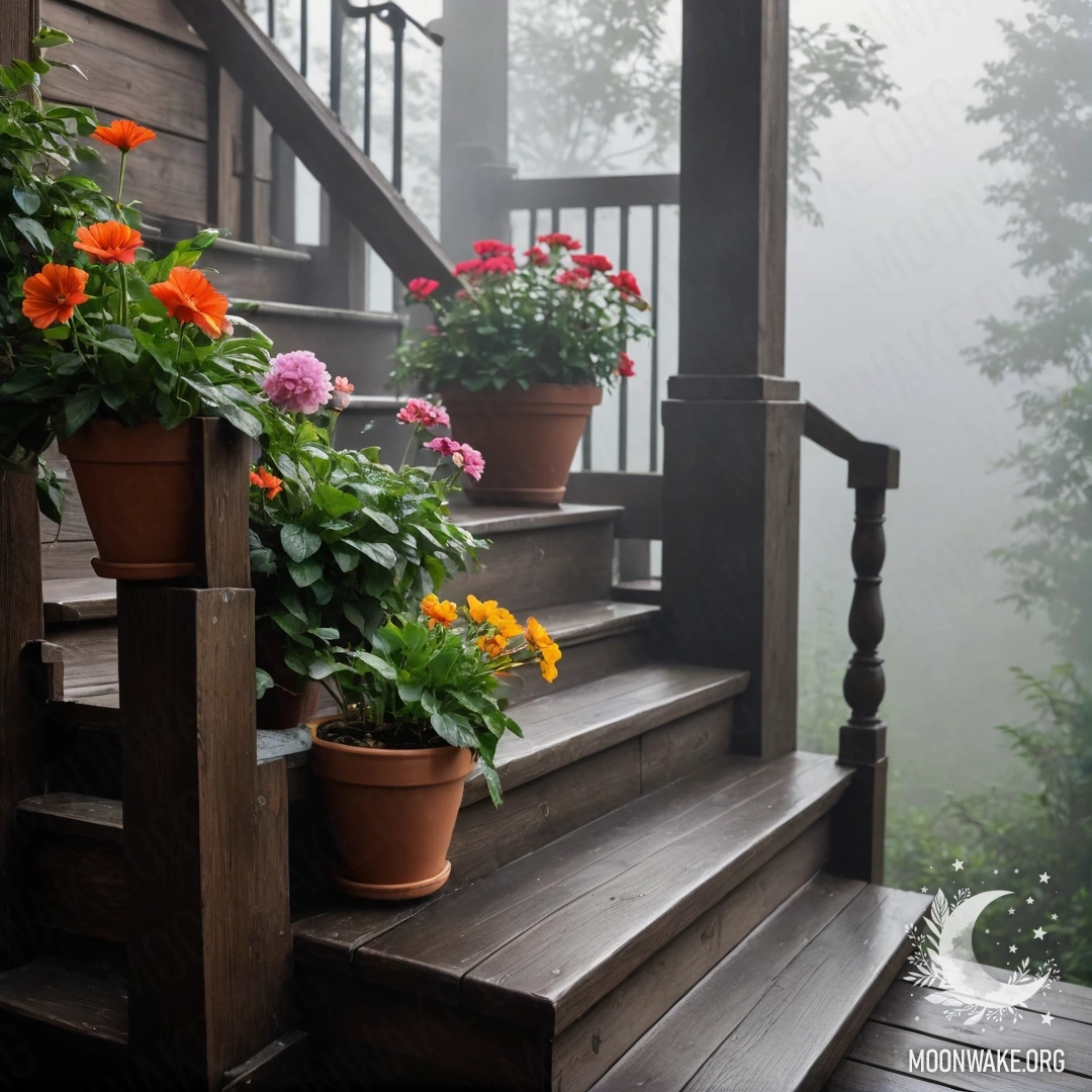 Romantic Wooden Staircase with Flowerpots in Fog A wooden staircase adorned with flowerpots enveloped in thick fog.