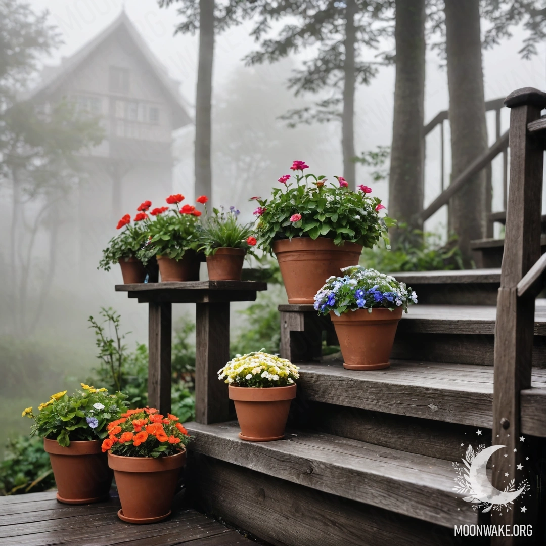 Romantic Misty Staircase with Flowerpots A wooden staircase adorned with flowerpots surrounded by dense fog.