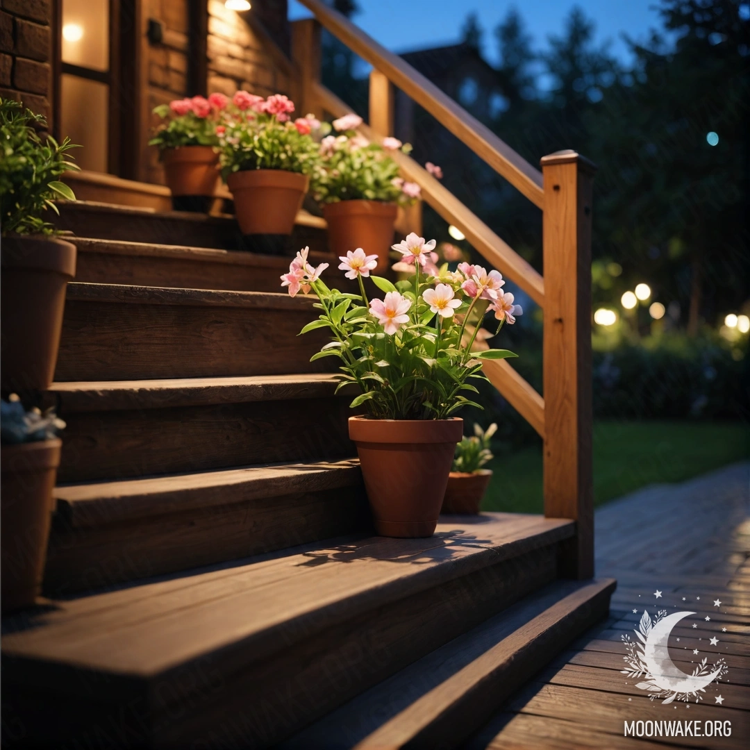 A wooden staircase adorned with flowerpots at night, creating a romantic atmosphere.