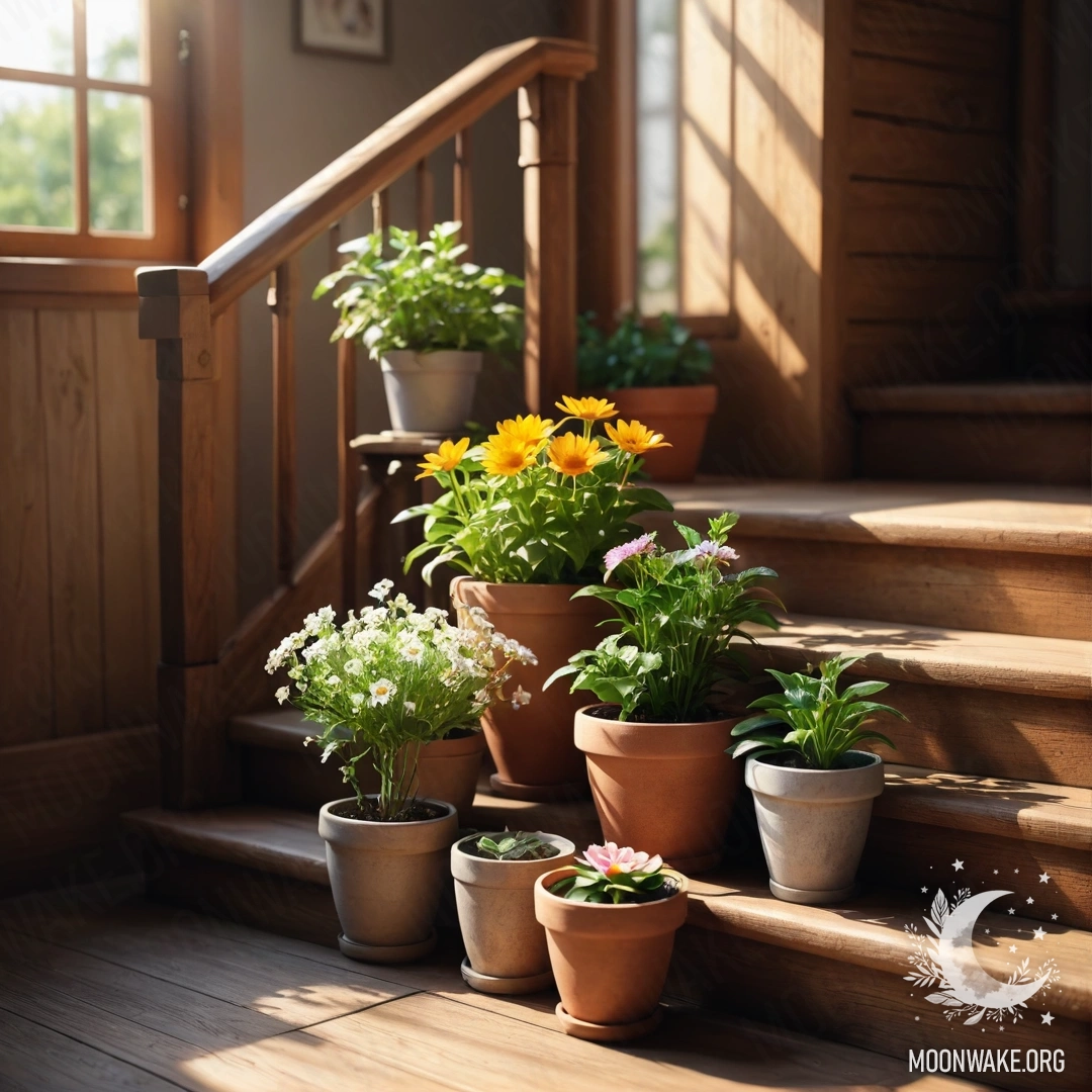 Romantic Wooden Staircase with Flowerpots and Sun Rays A wooden staircase adorned with flowerpots, illuminated by sun rays.